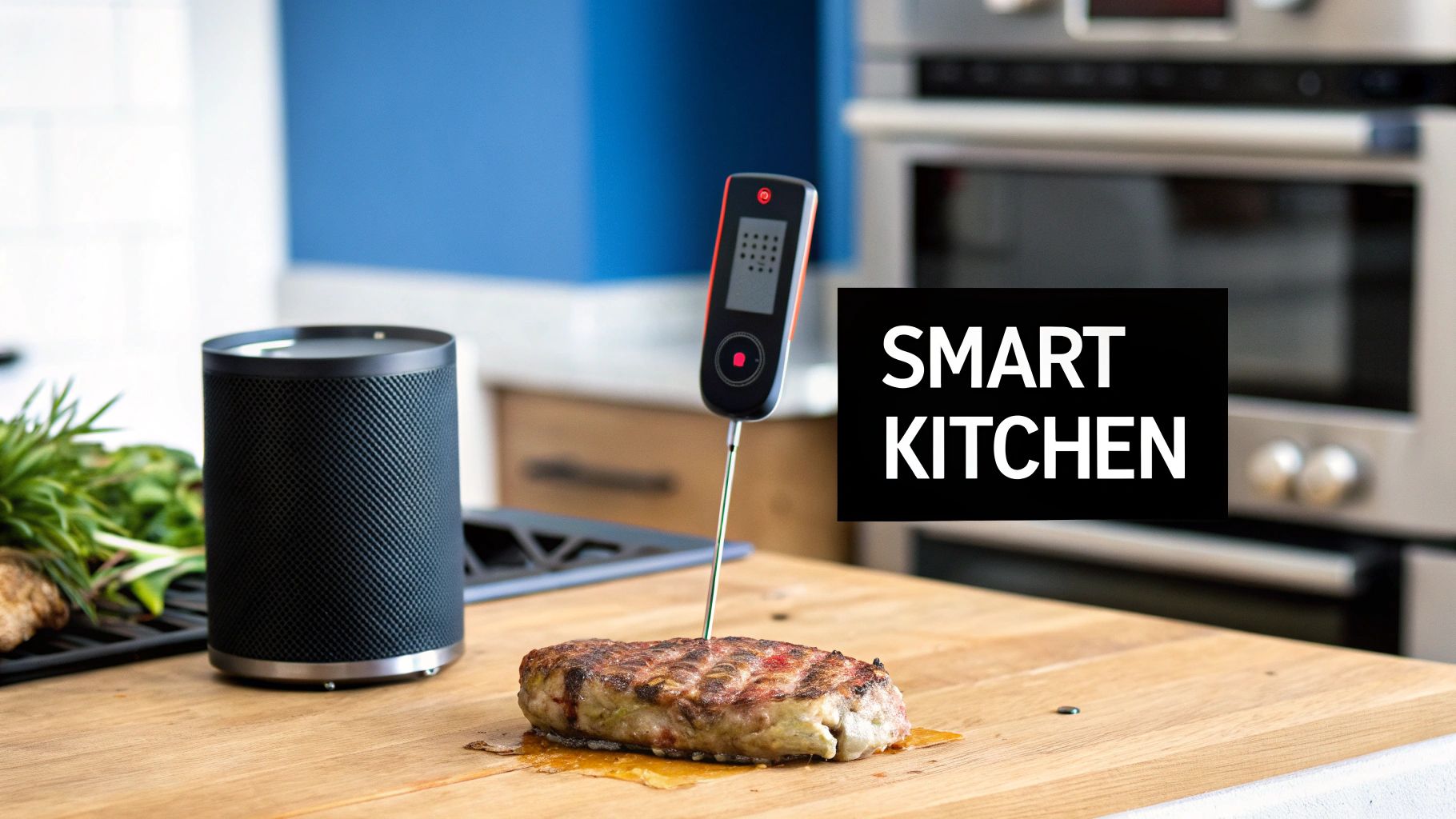 A grilled steak with a smart thermometer, a smart speaker, and kitchen appliances, representing smart cooking.