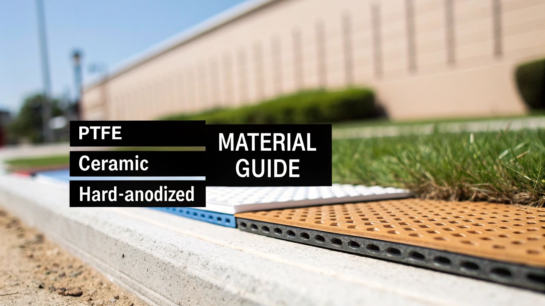 Material guide showing PTFE, ceramic, and hard-anodized cookware samples displayed on concrete surface
