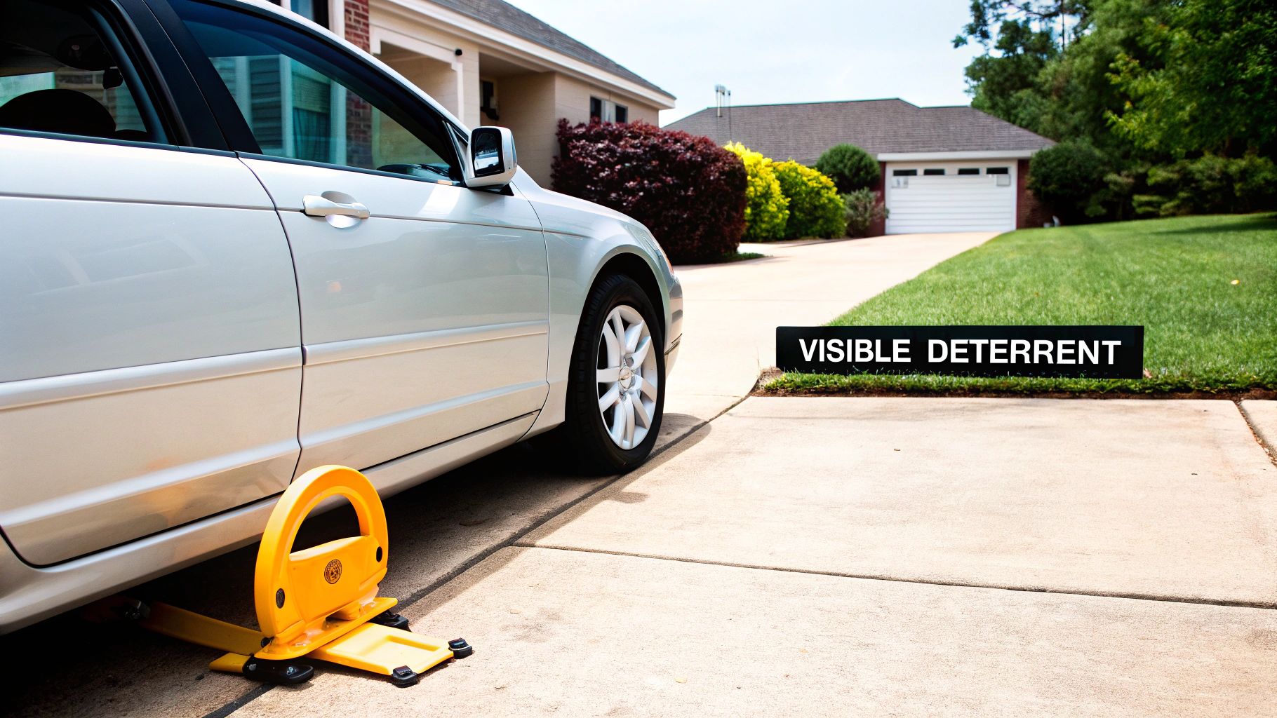 Car equipped with a wheel clamp and steering lock