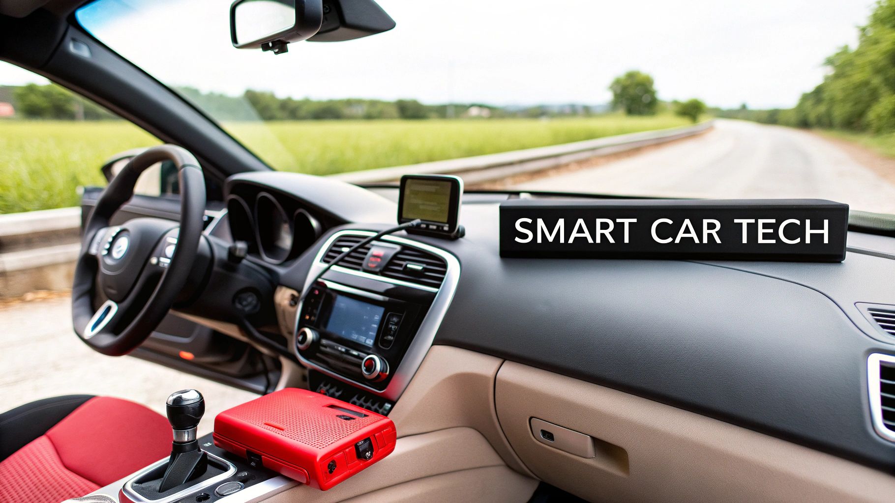 Dashboard of a car showing 'SMART CAR TECH' sign, a GPS, and a red electronic device.
