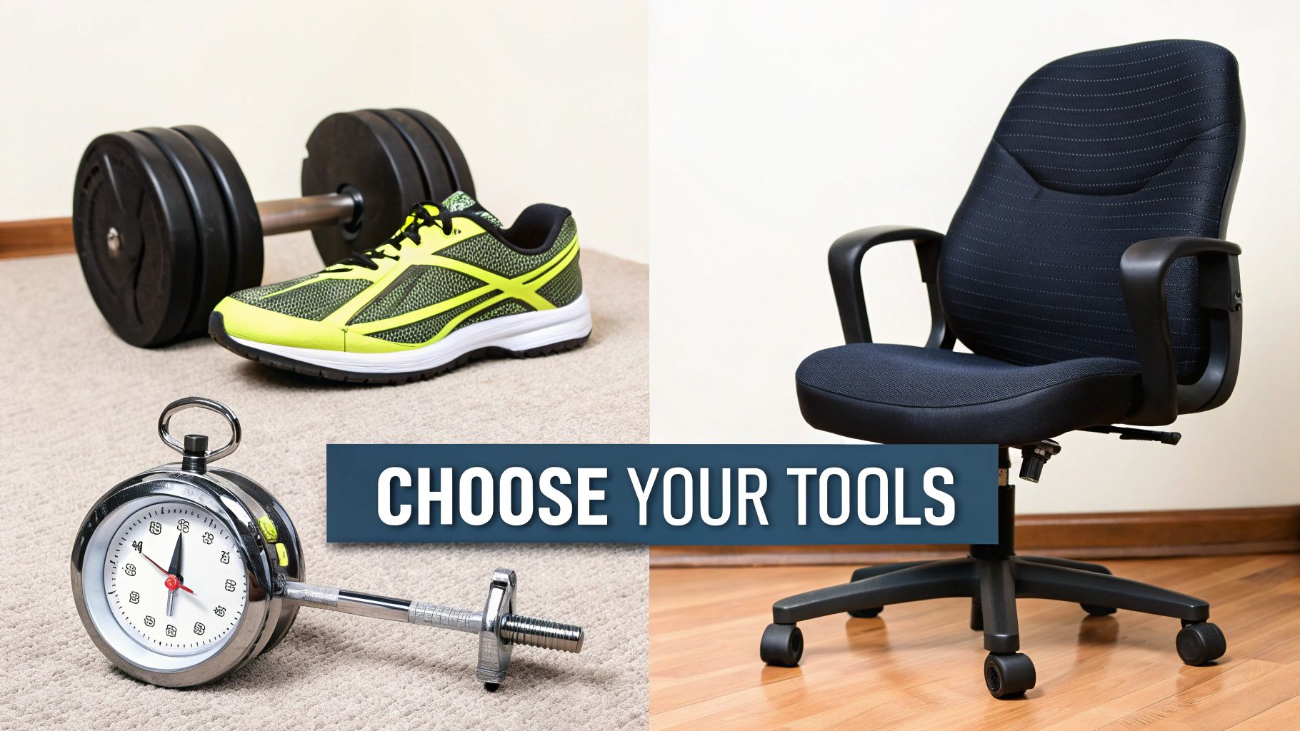Fitness equipment including dumbbells, running shoes, stopwatch and ergonomic office chair for workout recovery