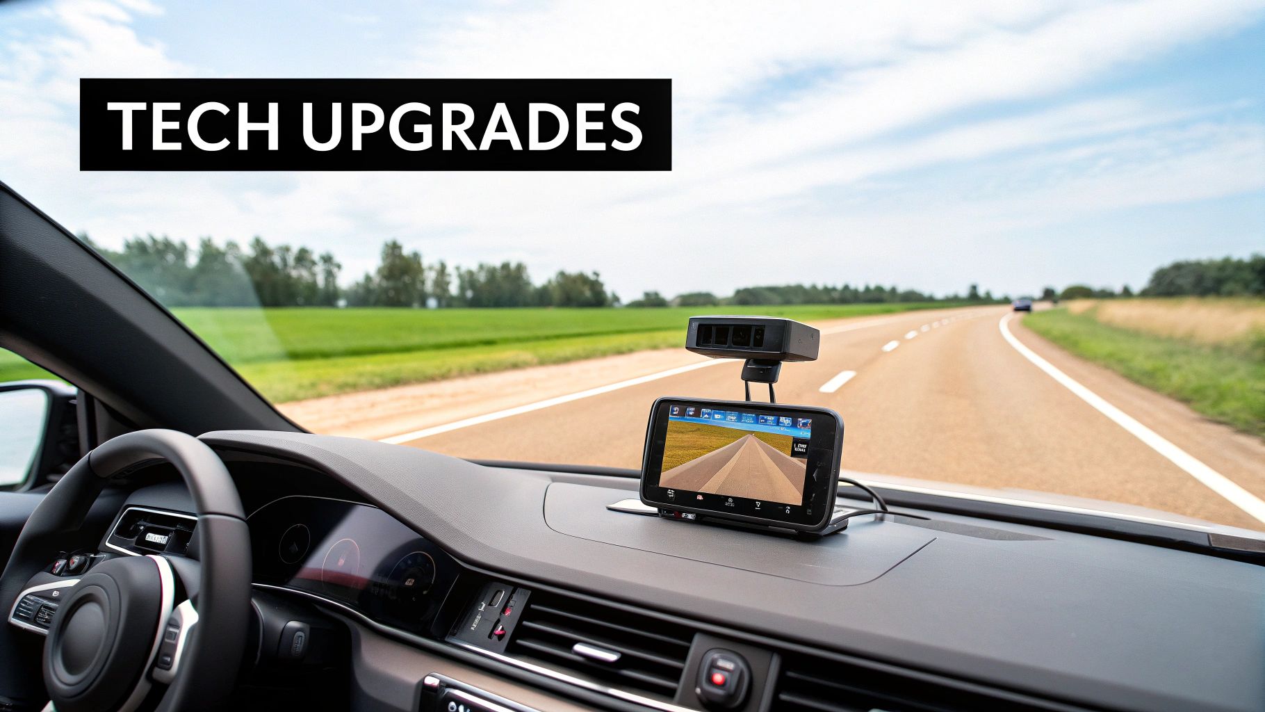 Dashboard view inside a car with a dash camera displaying road ahead, along with a 'TECH UPGRADES' banner.