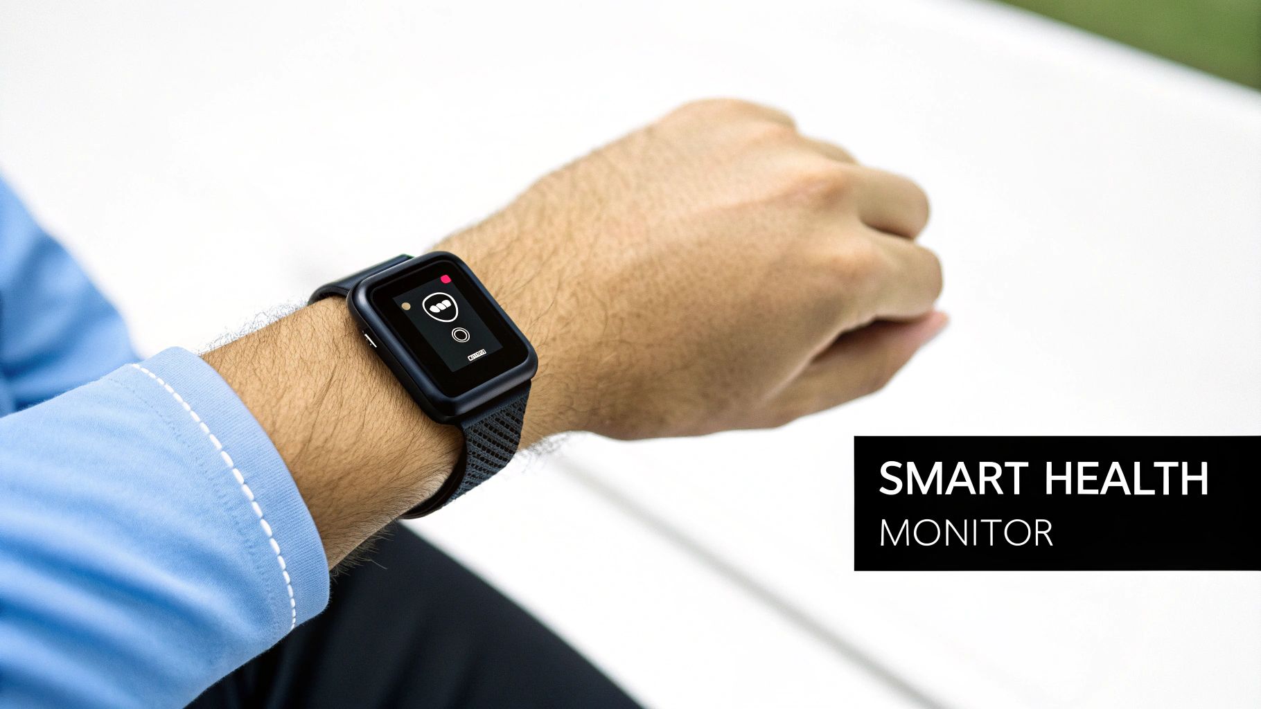 A close-up of a person's arm wearing a black smartwatch displaying health monitoring data.