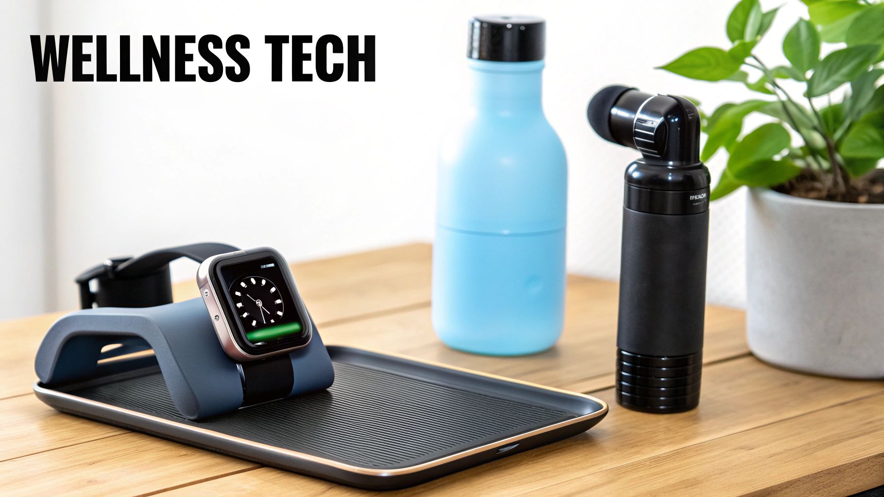 A collection of wellness tech devices, including a smartwatch on a charger, a water bottle, and a massage gun, on a wooden table.