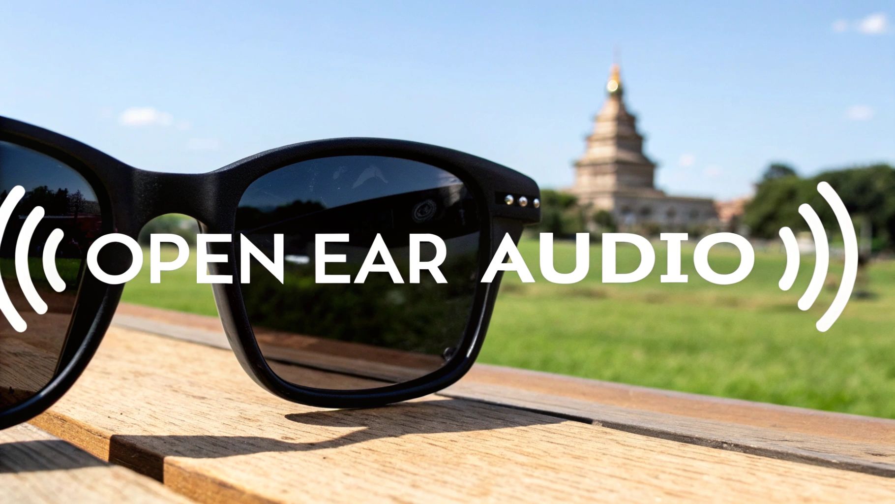 Black smart sunglasses with 'OPEN EAR AUDIO' text and sound wave icons, on a wooden surface outdoors.