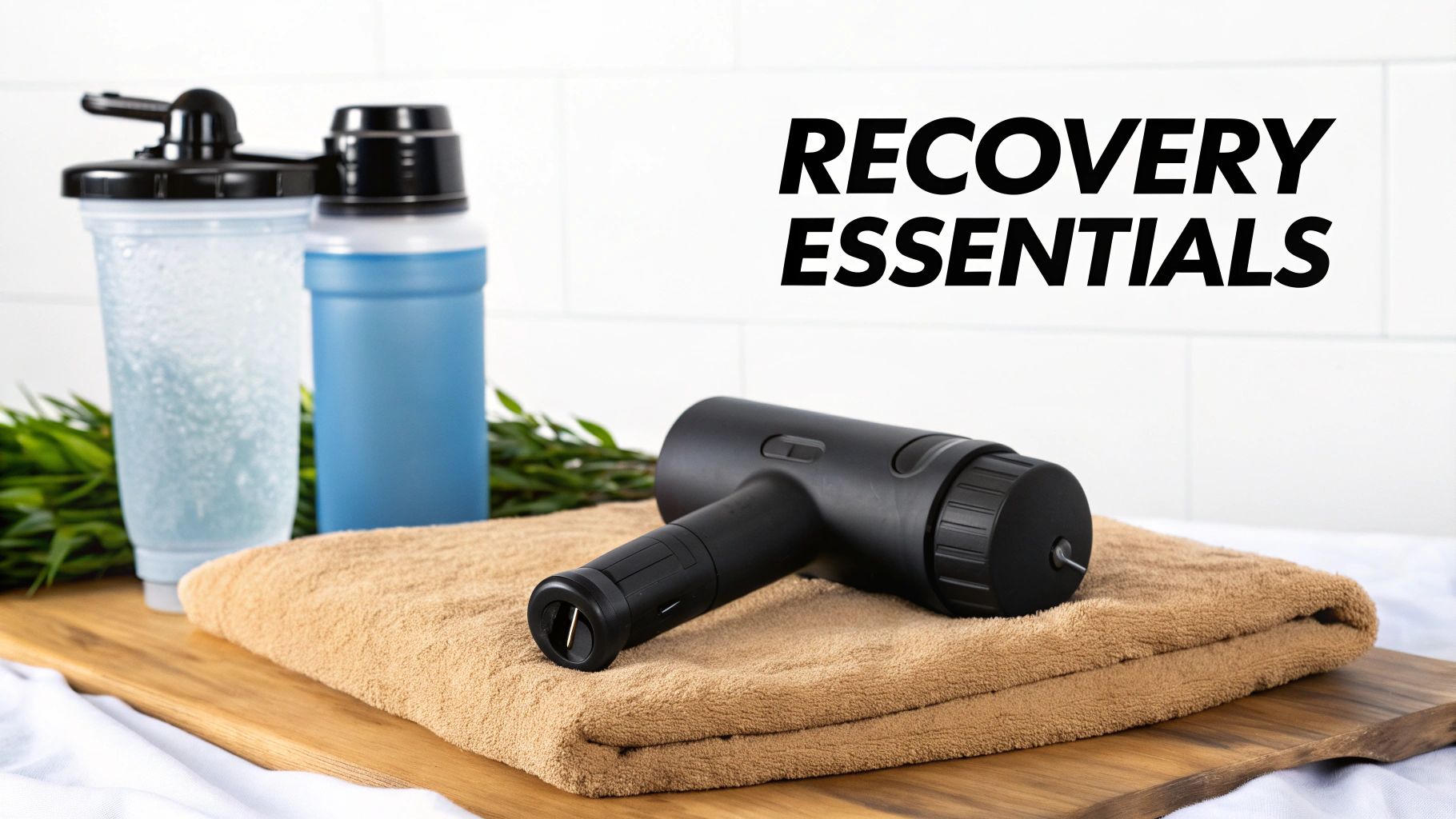 A flat lay of fitness recovery essentials including two water bottles, a massage gun, and a towel.