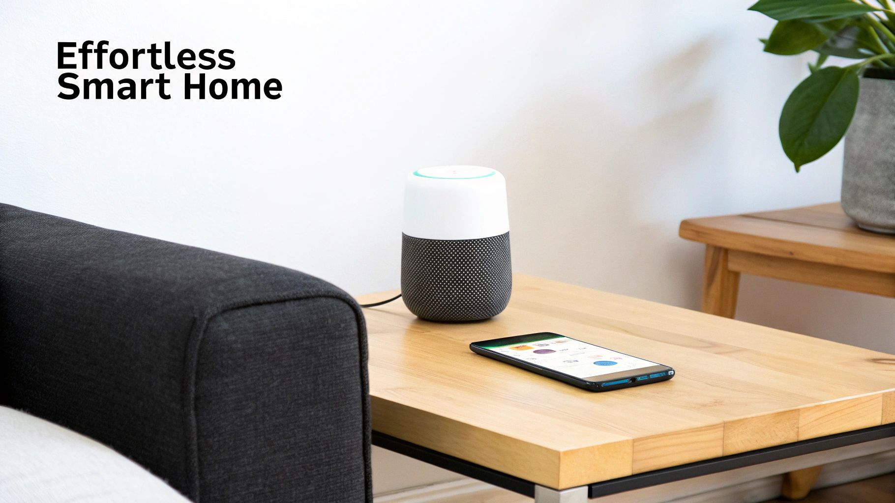 A smart speaker and smartphone displaying a smart home app, placed on a wooden table next to a sofa.