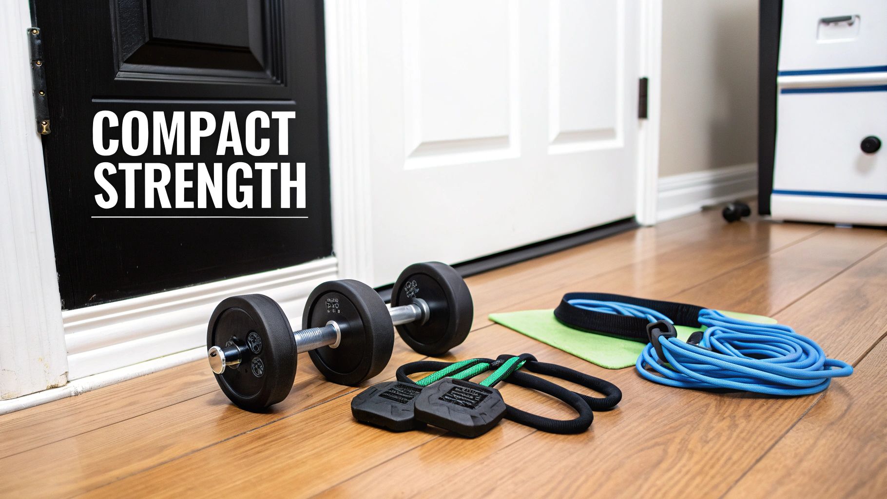 Compact home workout equipment including dumbbells, resistance bands, and exercise mat on wooden floor