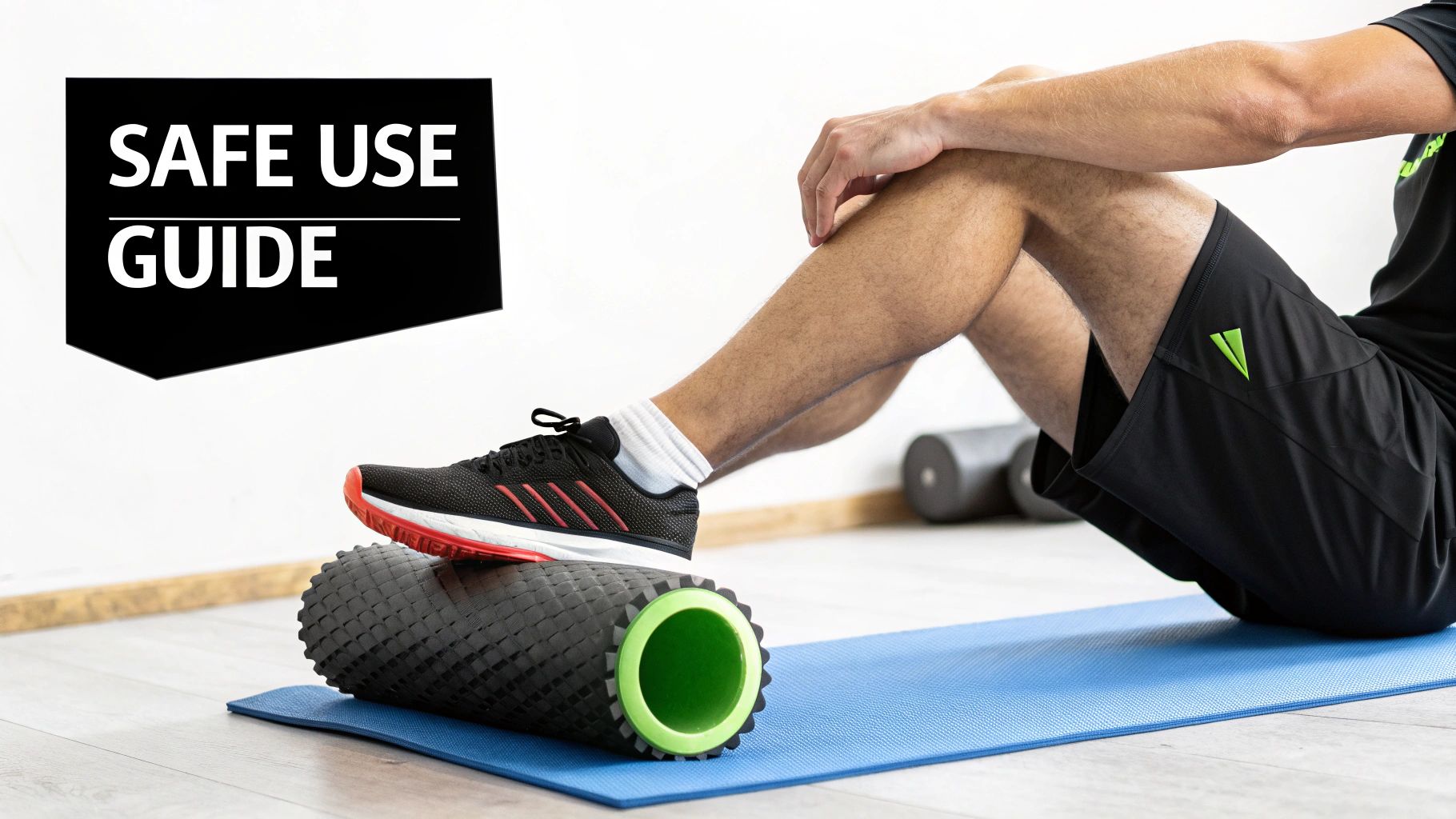 Person using foam roller for leg muscle recovery after workout on exercise mat