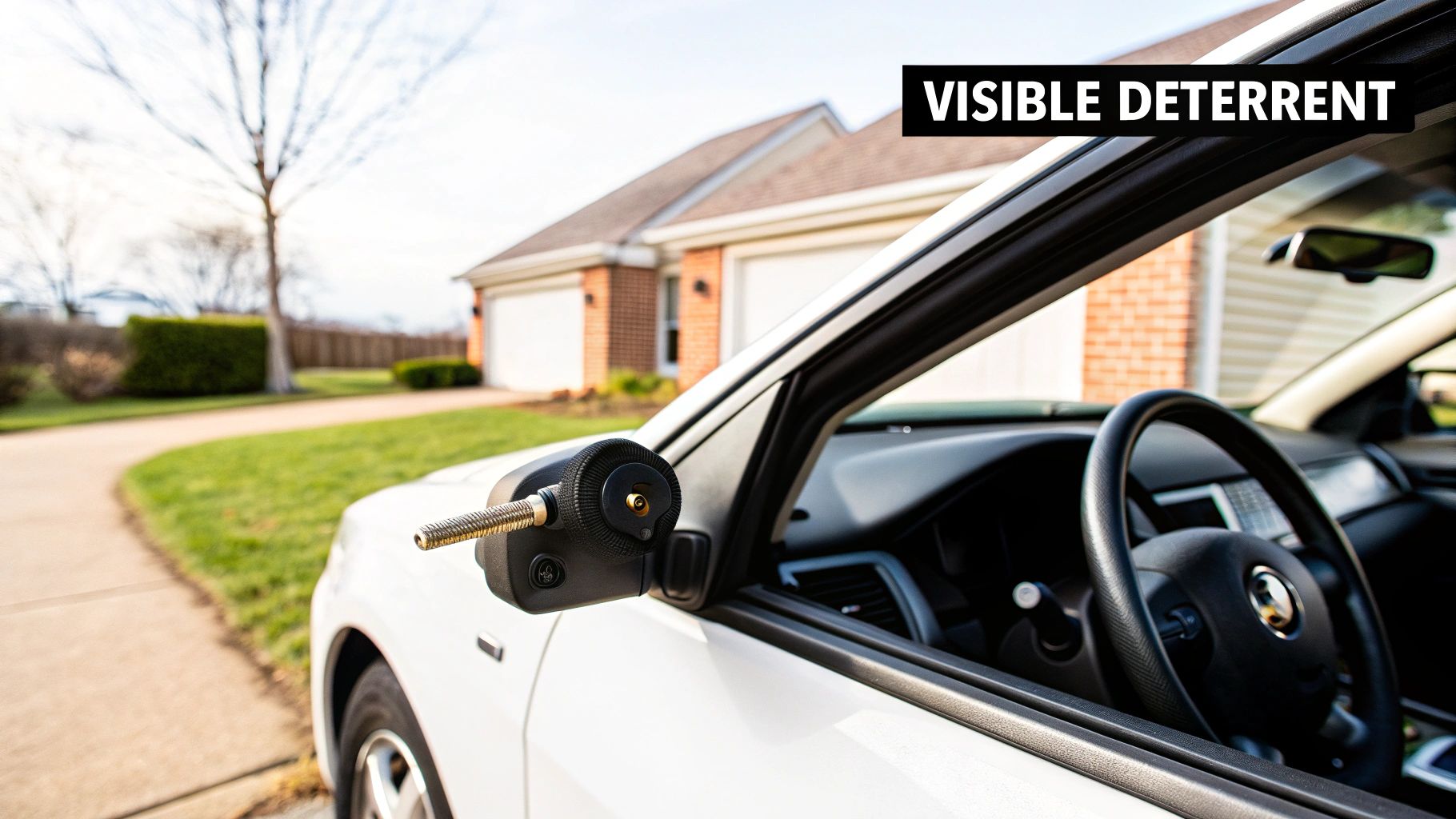 A white car with a visible security device attached to its side mirror, acting as a theft deterrent.