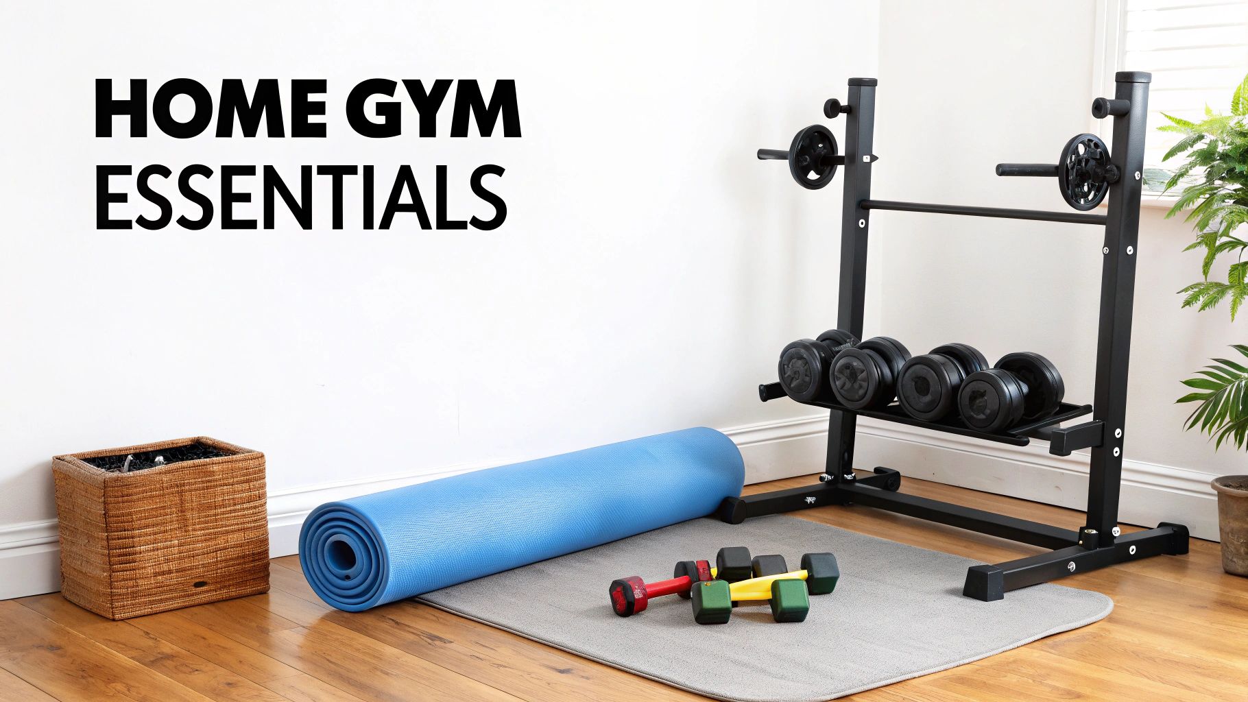 A home gym setup featuring a dumbbell rack, various weights, exercise mats, and small dumbbells.