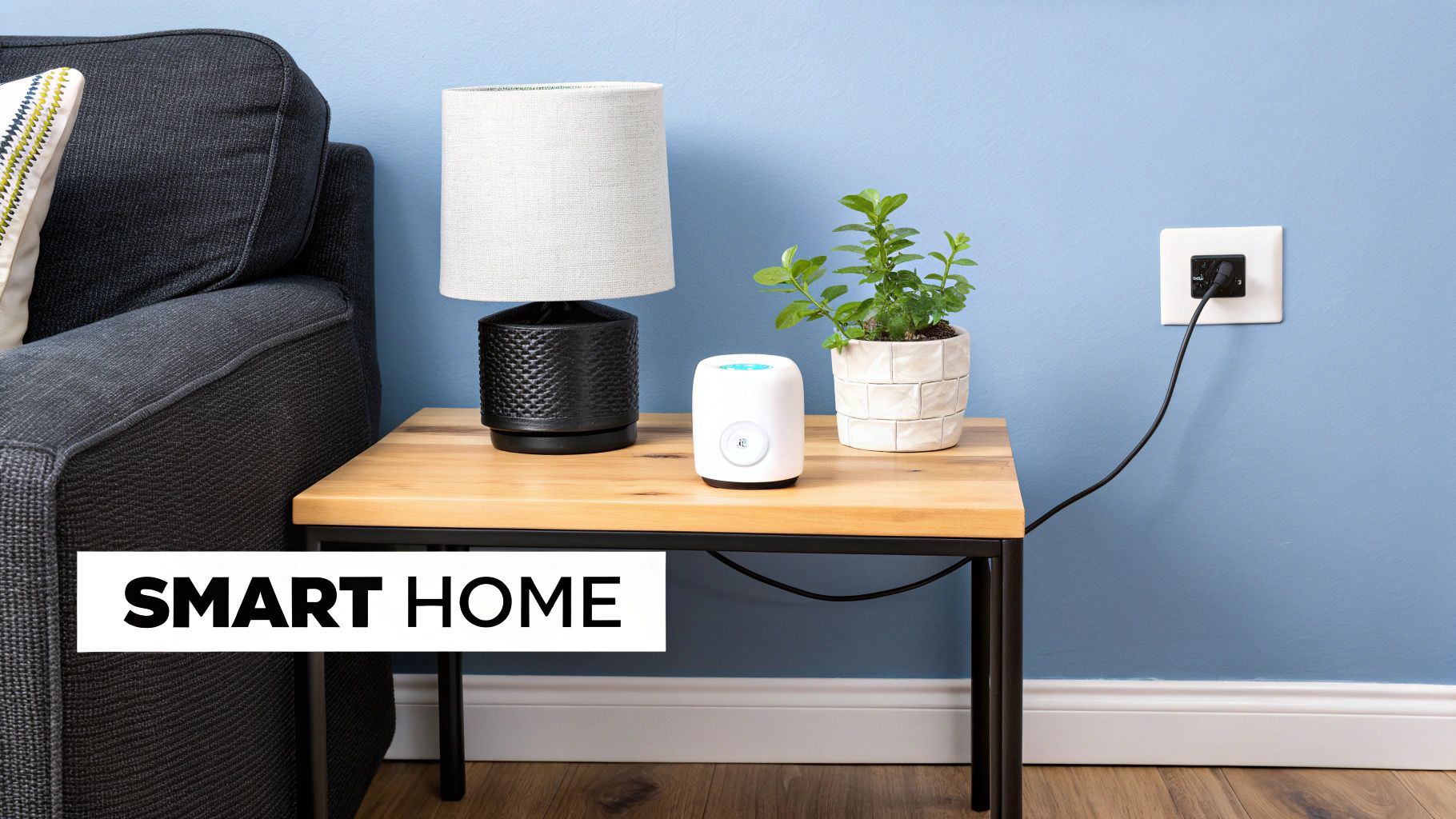 A white smart home device sits on a wooden table with a lamp, a plant, and a smart plug.