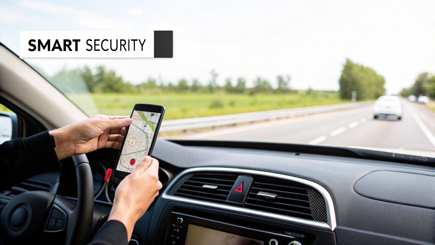 A person using a smartphone app to check their car's security status, illustrating modern vehicle protection technology.