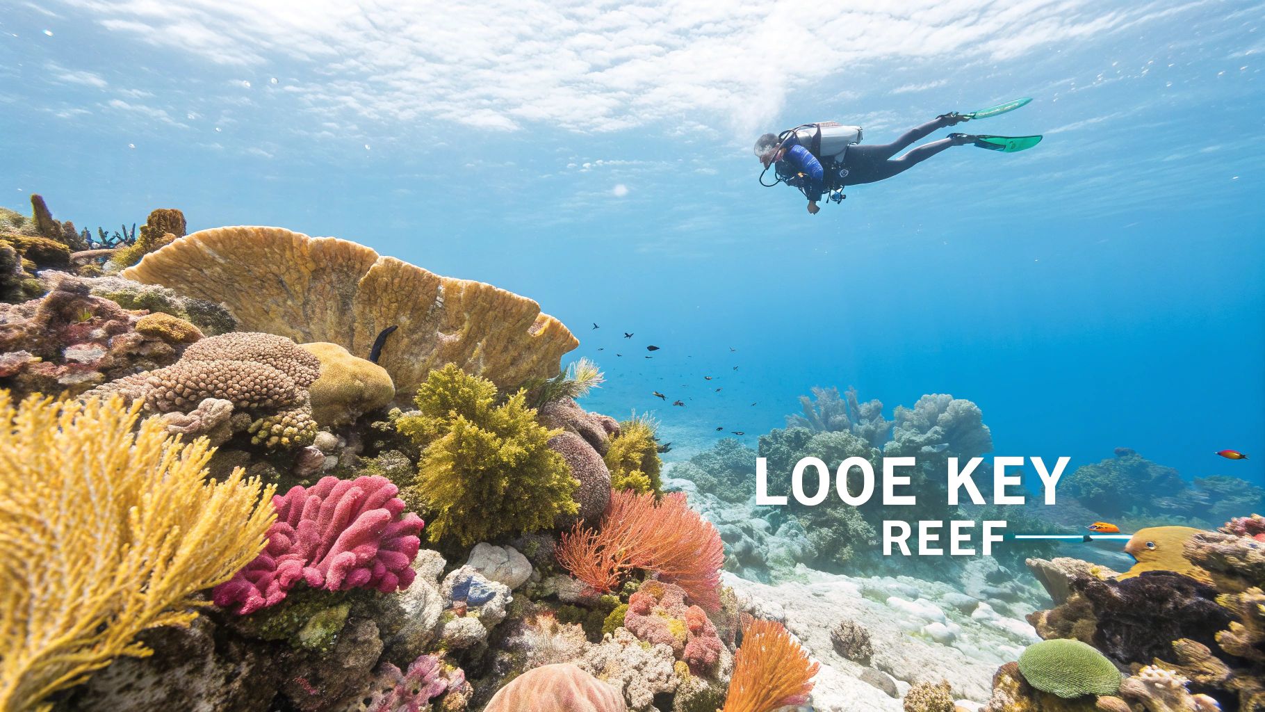 A vibrant underwater scene at Looe Key National Marine Sanctuary showing various coral and fish
