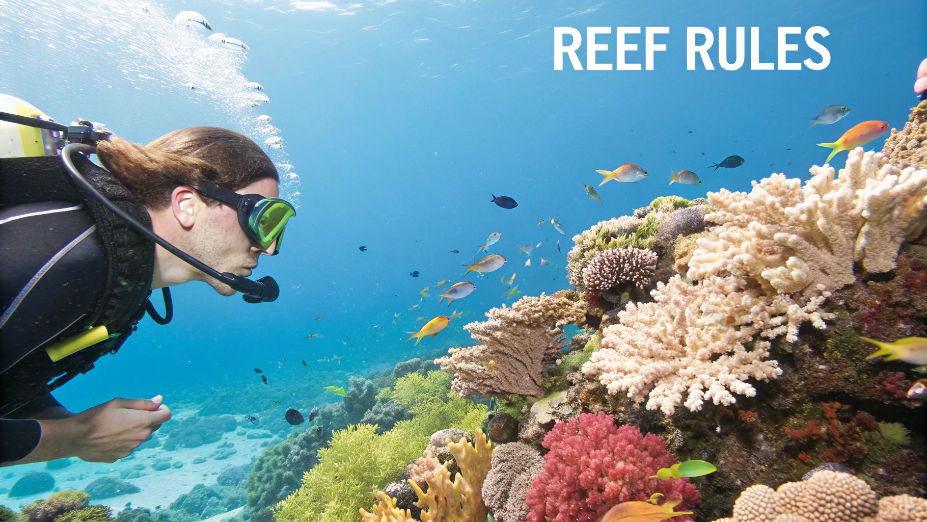 Two snorkelers swimming over a shallow, healthy coral reef in clear blue water.
