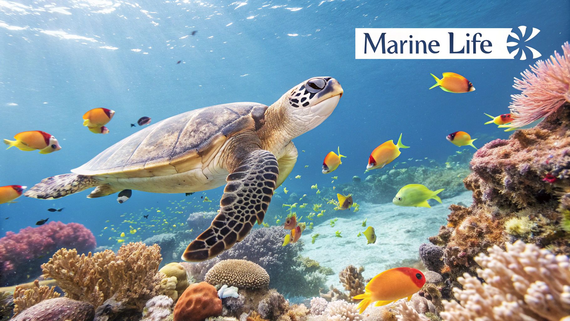 A large sea turtle glides gracefully over a coral reef in Marathon, FL.