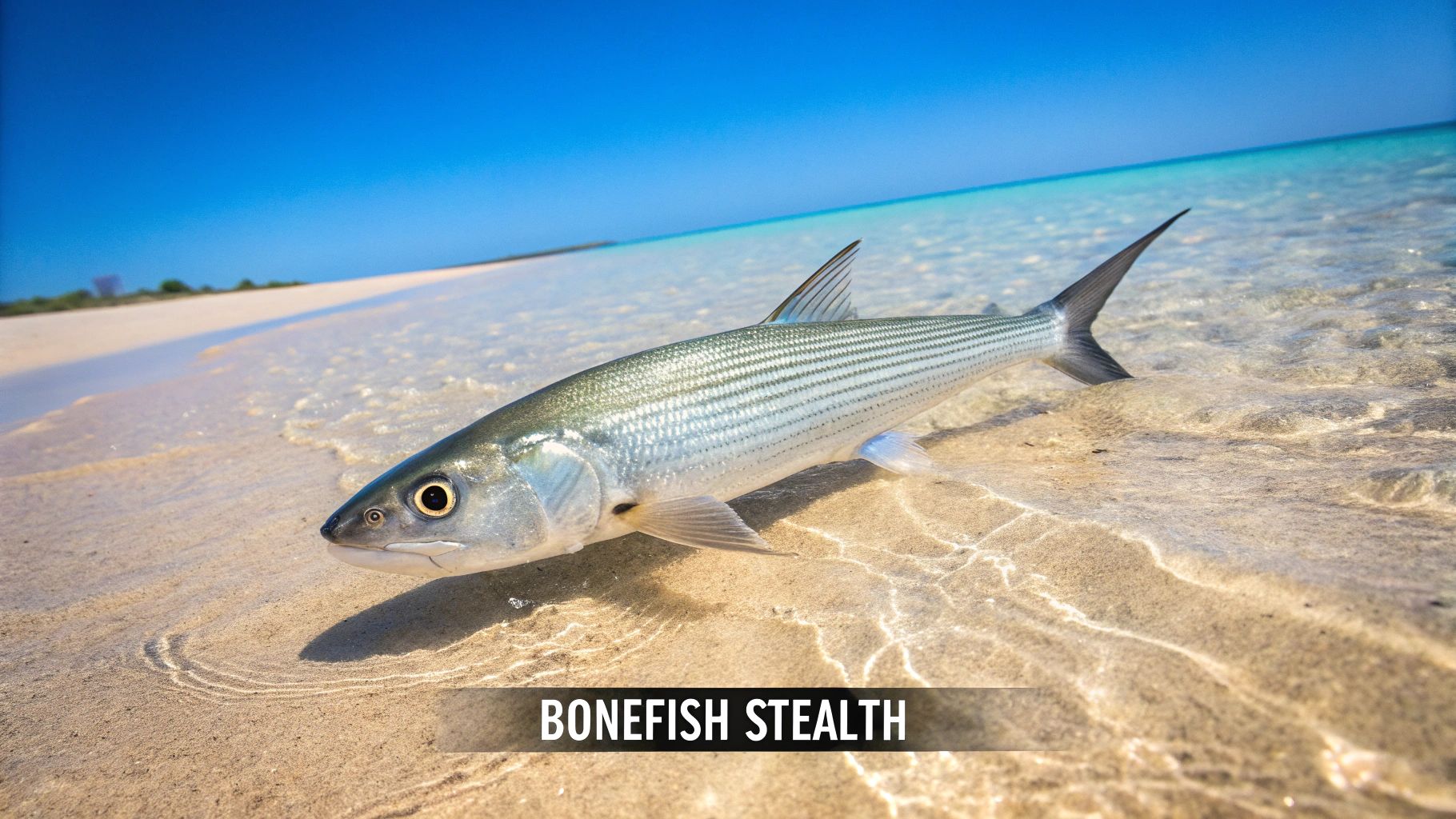 Bonefish swimming in shallow crystal clear water over sandy bottom in Florida Keys