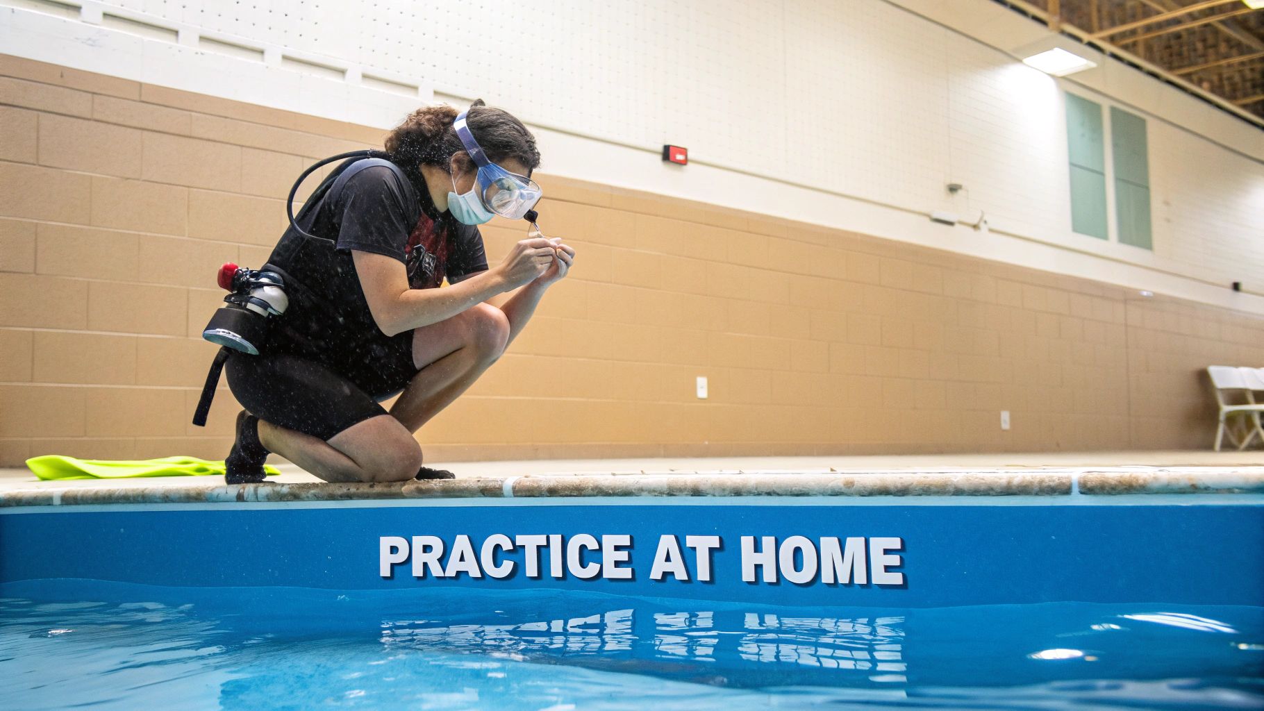 Person practicing snorkeling in a swimming pool