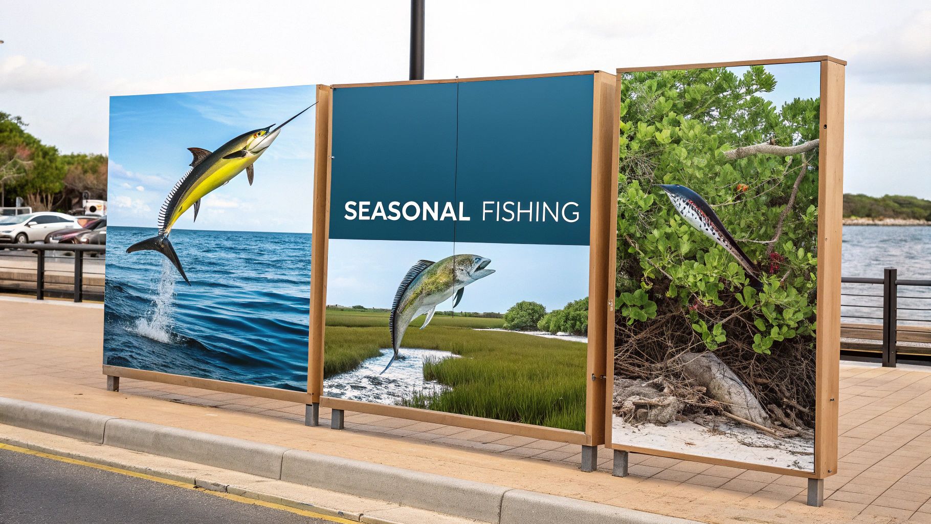 Three outdoor display panels showcase seasonal fishing in the Florida Keys with jumping fish and marine life.
