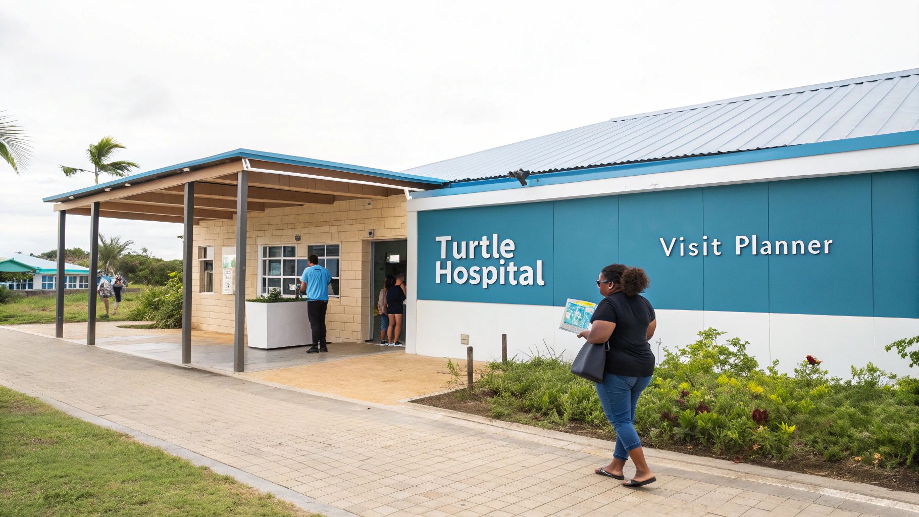 A large sea turtle swimming in clear blue water, representing the residents of the Turtle Hospital.