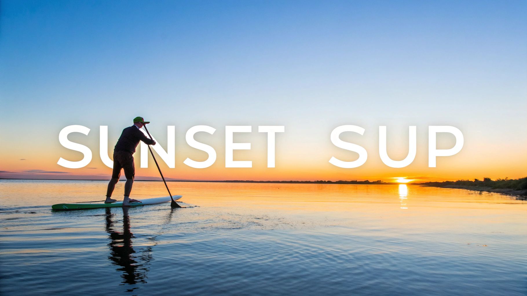 A person on a stand-up paddleboard on calm water, paddling towards a beautiful sunset.