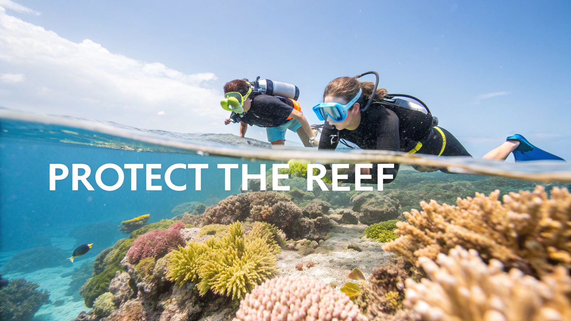Two divers explore a colorful coral reef, with a clear blue sky above and 'PROTECT THE REEF' text.