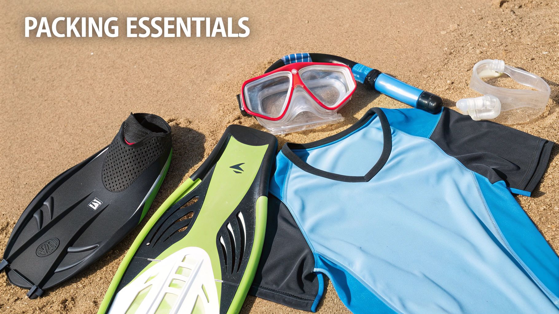 A person packing a beach bag with snorkeling gear, a towel, and reef-safe sunscreen.
