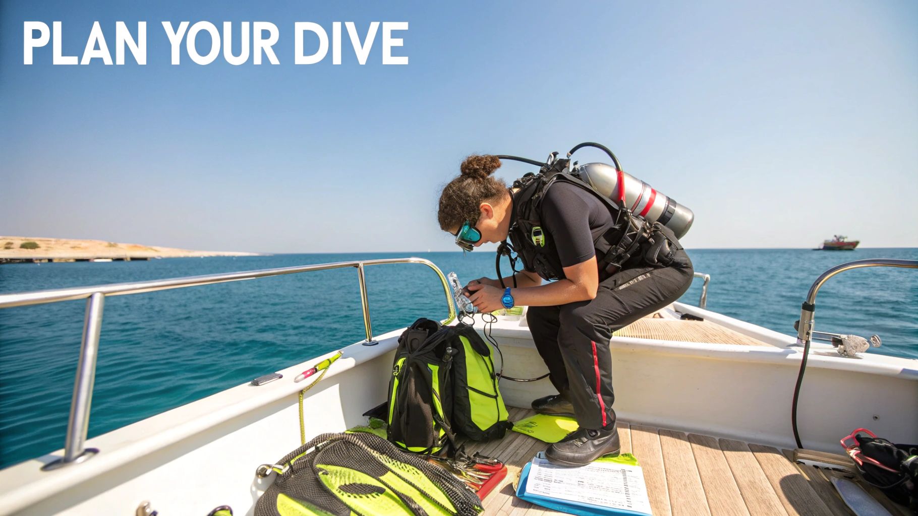 A diver in full gear on a boat checks equipment, with a sandy coast and blue ocean in the background.