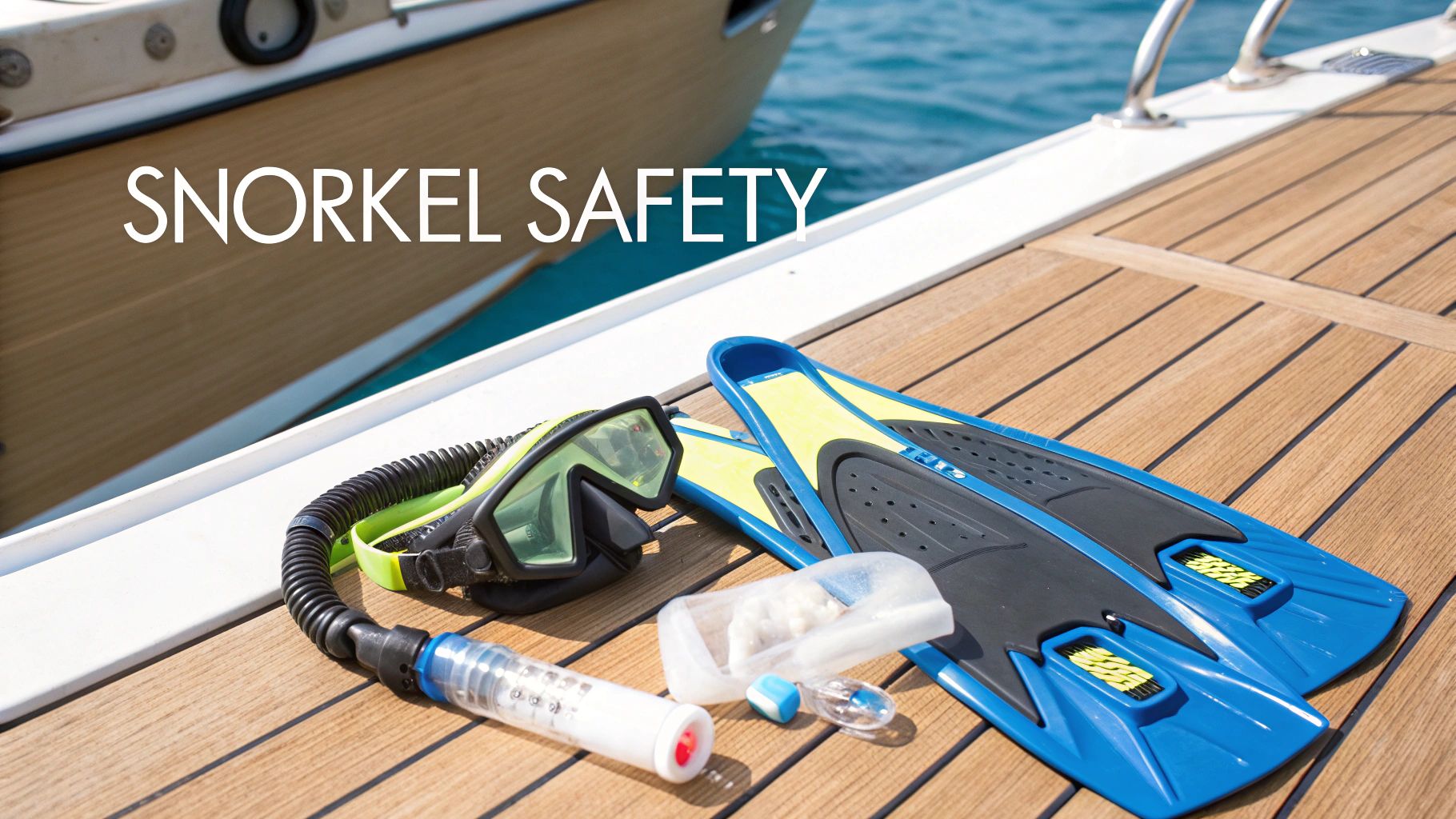 A collection of snorkeling gear laid out on a wooden dock in Marathon, FL.