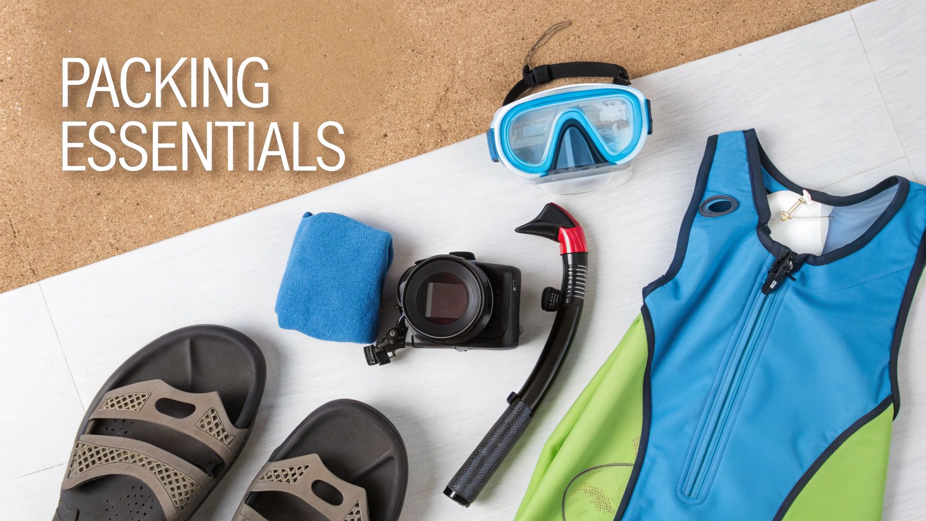 A person's snorkeling gear laid out on a wooden dock
