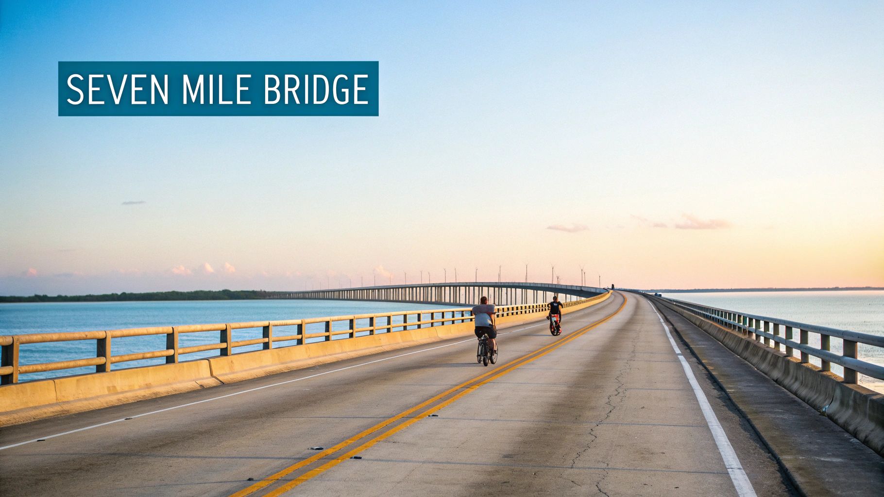 View of the iconic Seven Mile Bridge in the Florida Keys with cyclists at sunset.