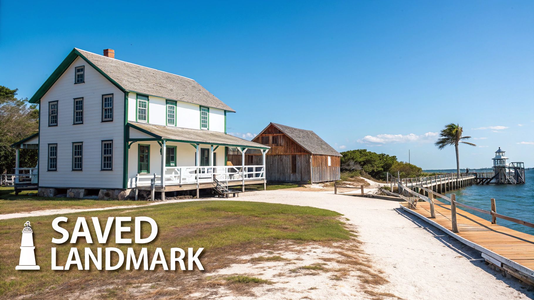 A historic white house, wooden barn, and a pier with a lighthouse on a sunny day.