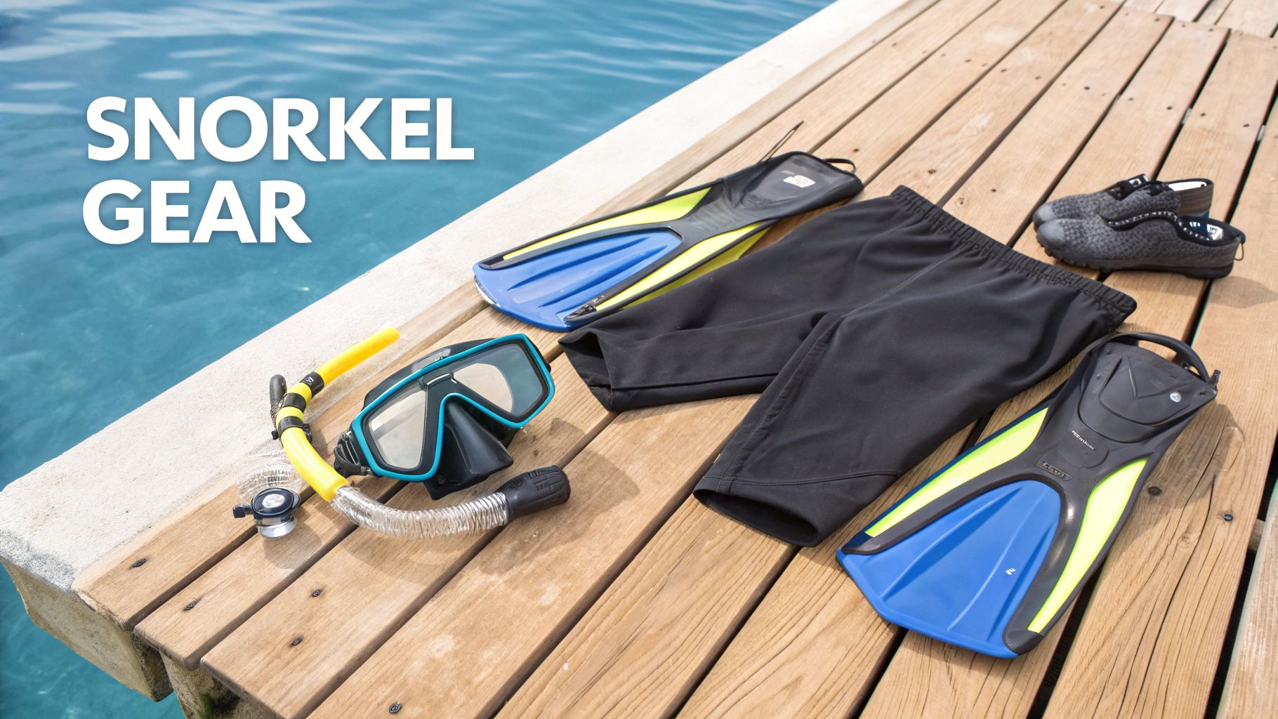 Snorkel gear, including mask, snorkel, fins, water shoes, and pants, laid on a wooden dock by blue water.