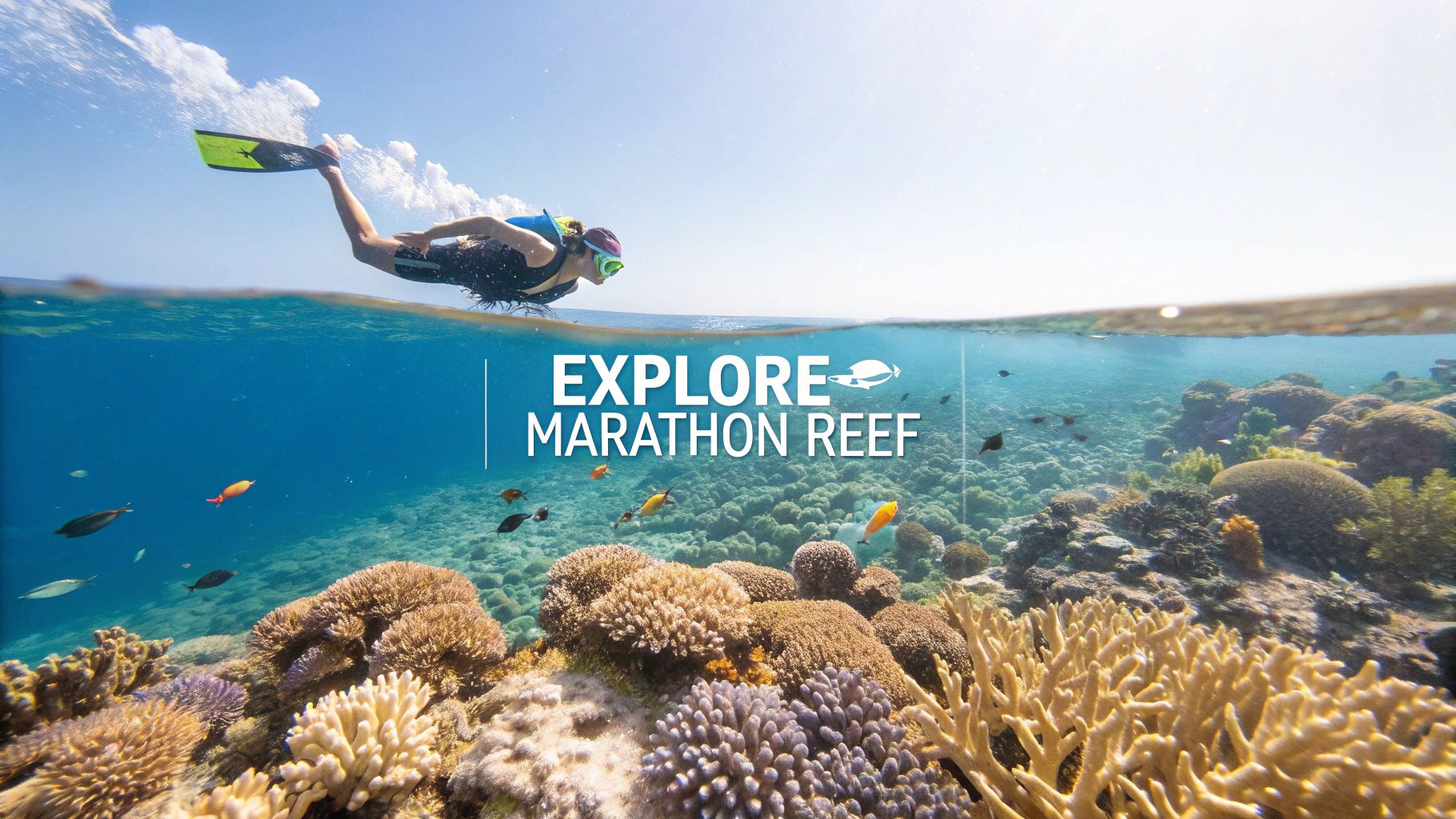 Split image showing a snorkeler above water and a beautiful coral reef with fish below, advertising Marathon Reef.