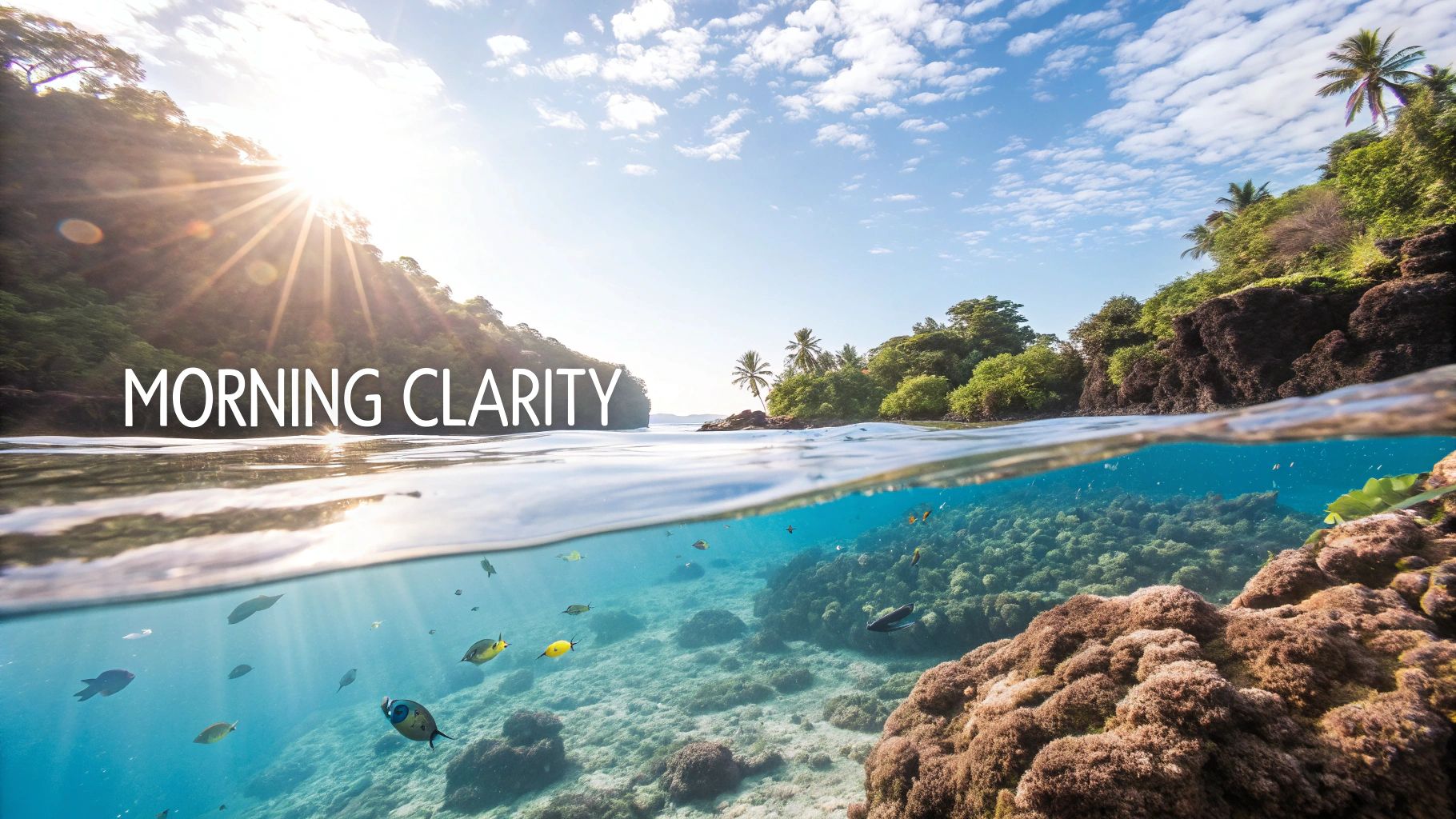 Stunning split shot of a tropical ocean, vibrant coral, colorful fish underwater, and sunny sky with palm trees above.