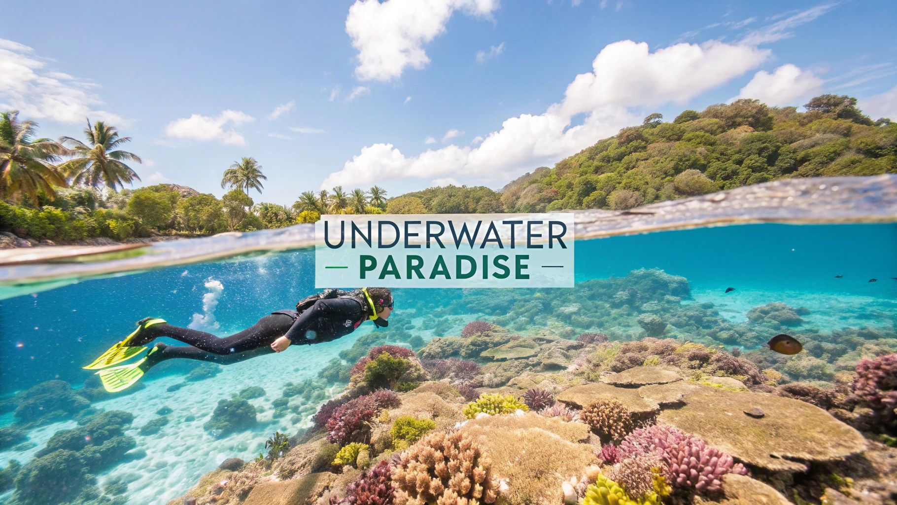 A vibrant underwater scene with a snorkeler observing coral and colorful fish in Marathon, FL.