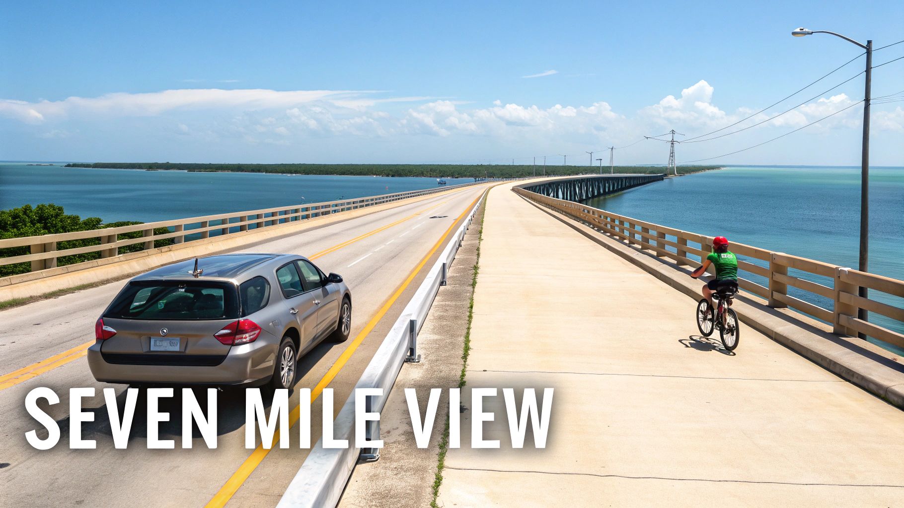 A scenic view of the Seven Mile Bridge in the Florida Keys with a car and a cyclist.