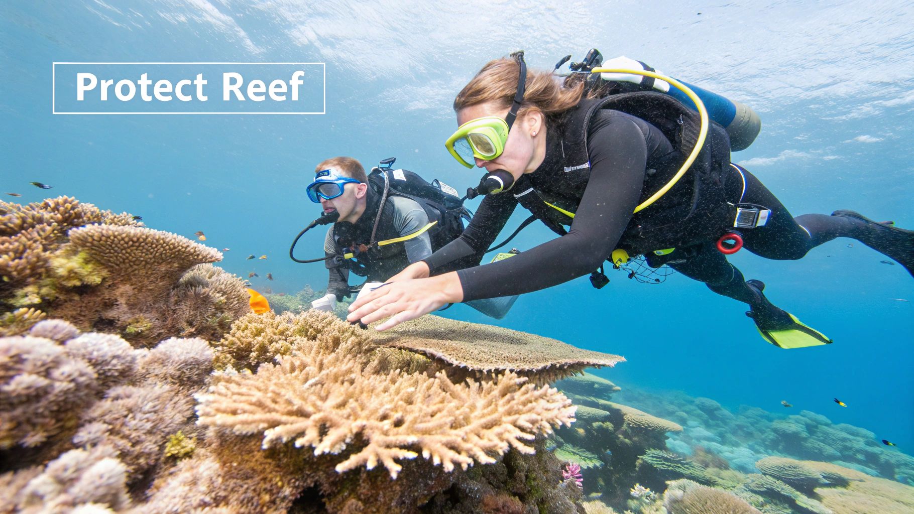 Two snorkelers swimming over a coral reef in Marathon, FL.