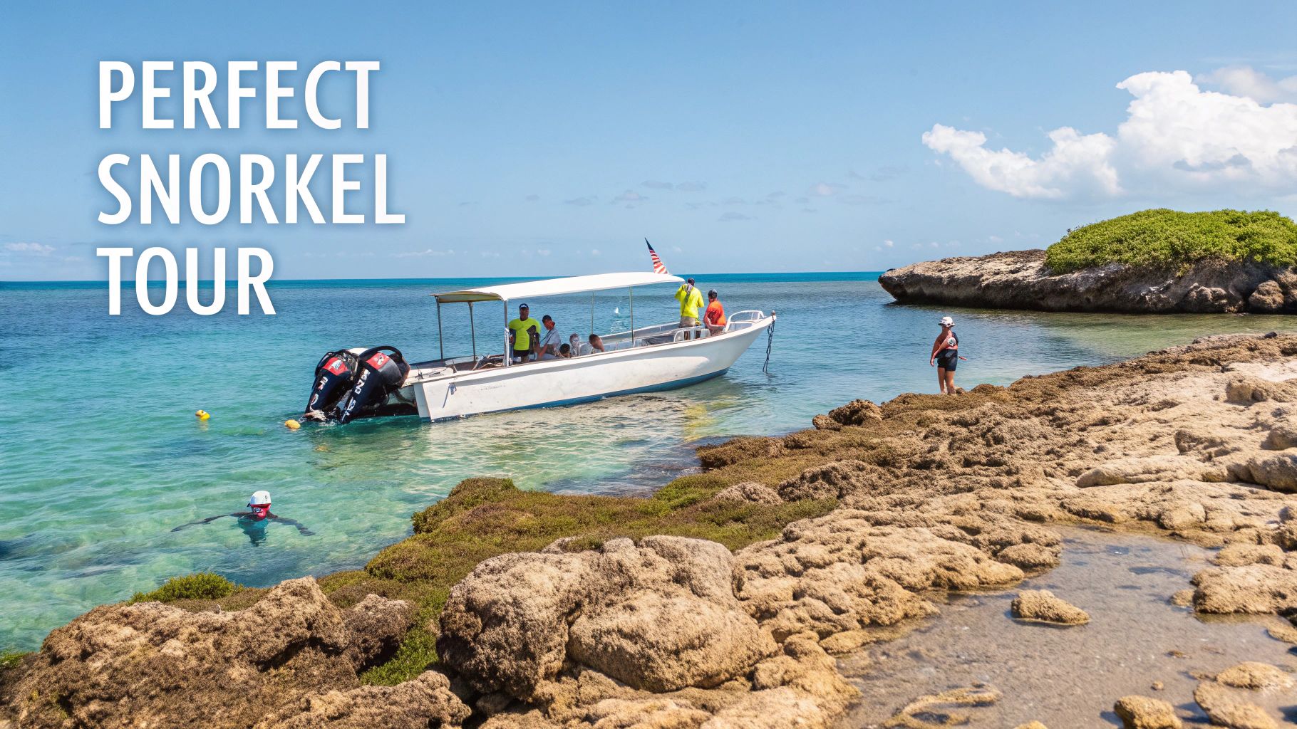 A group of snorkelers getting ready to jump into the clear blue water from a tour boat in Marathon, FL.