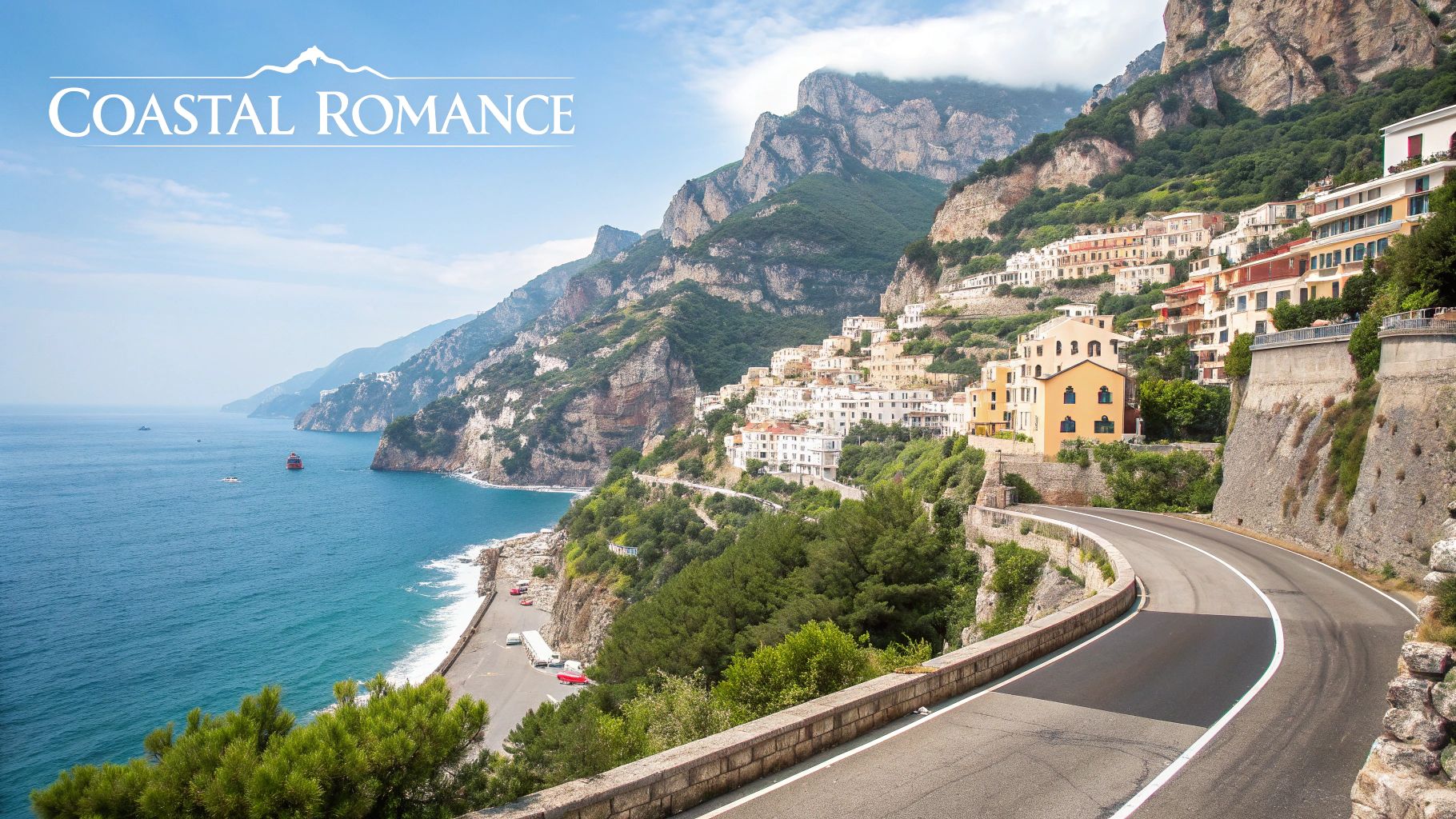 Scenic coastal road winding through colorful hillside village overlooking turquoise Mediterranean sea and dramatic cliffs