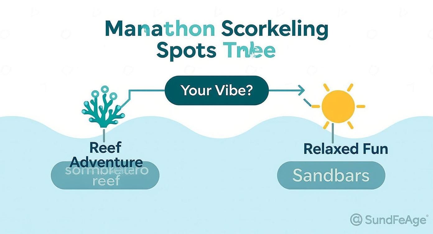 Infographic decision tree for choosing between reef and sandbar snorkeling in Marathon FL