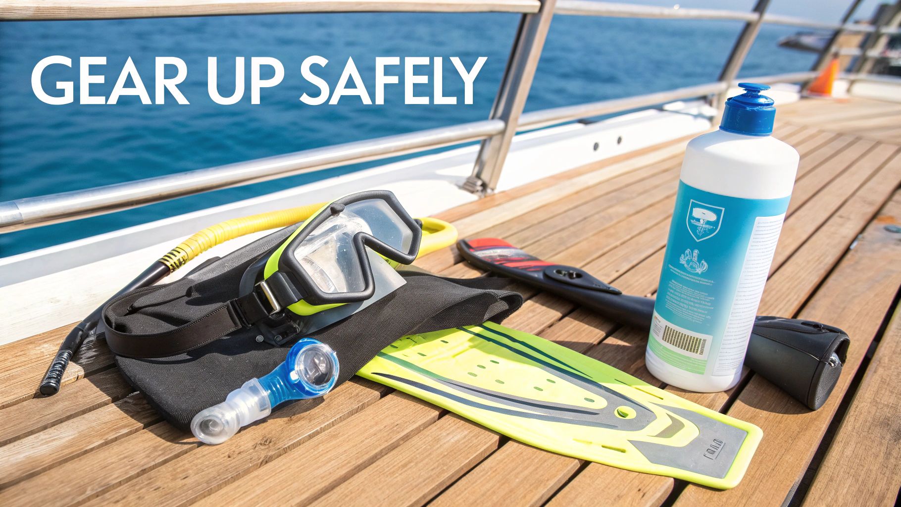 Snorkeling gear laid out on a wooden dock next to the water.