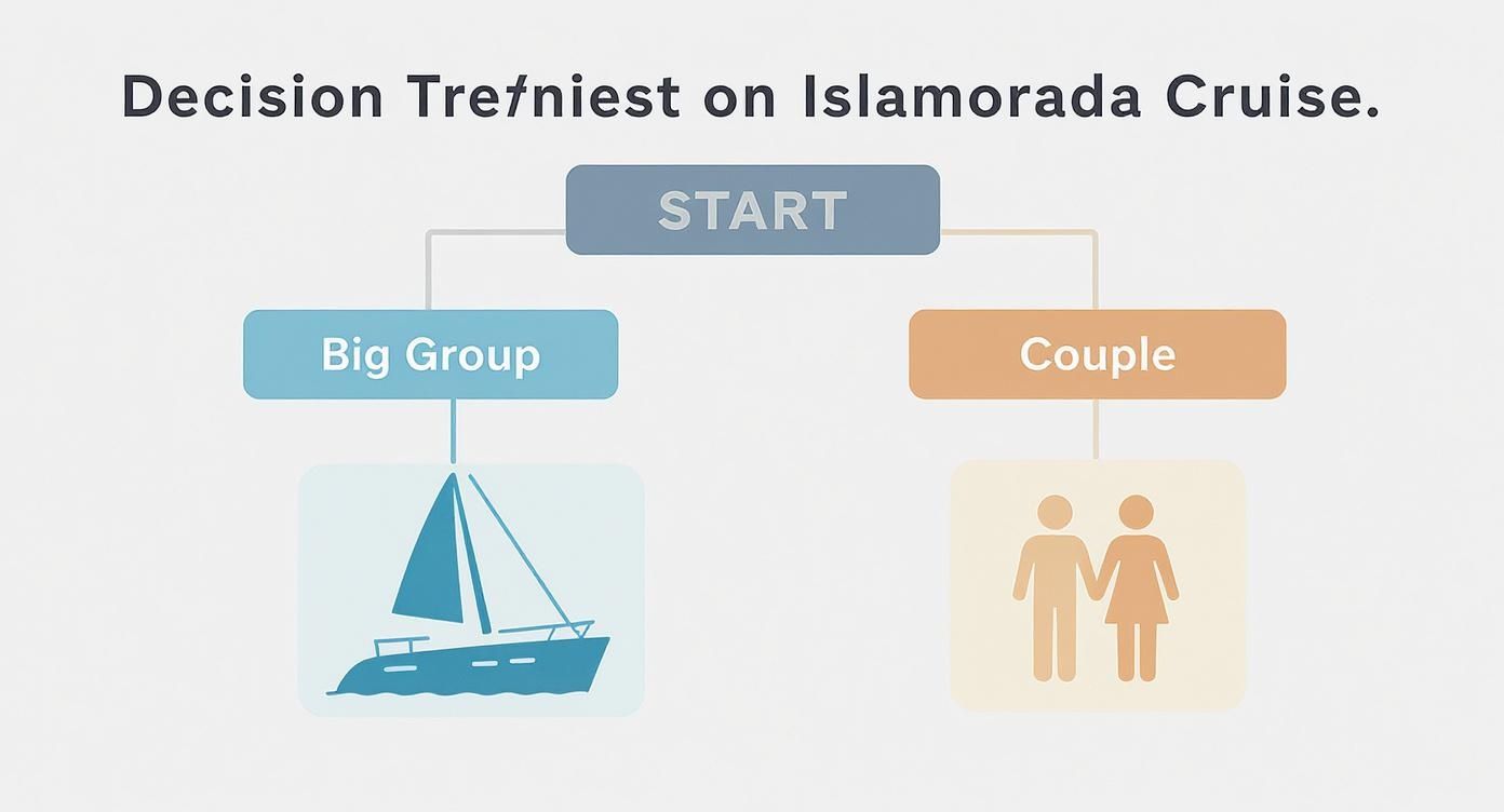 Infographic decision tree helping users decide between a big group cruise on a catamaran or a couples cruise.