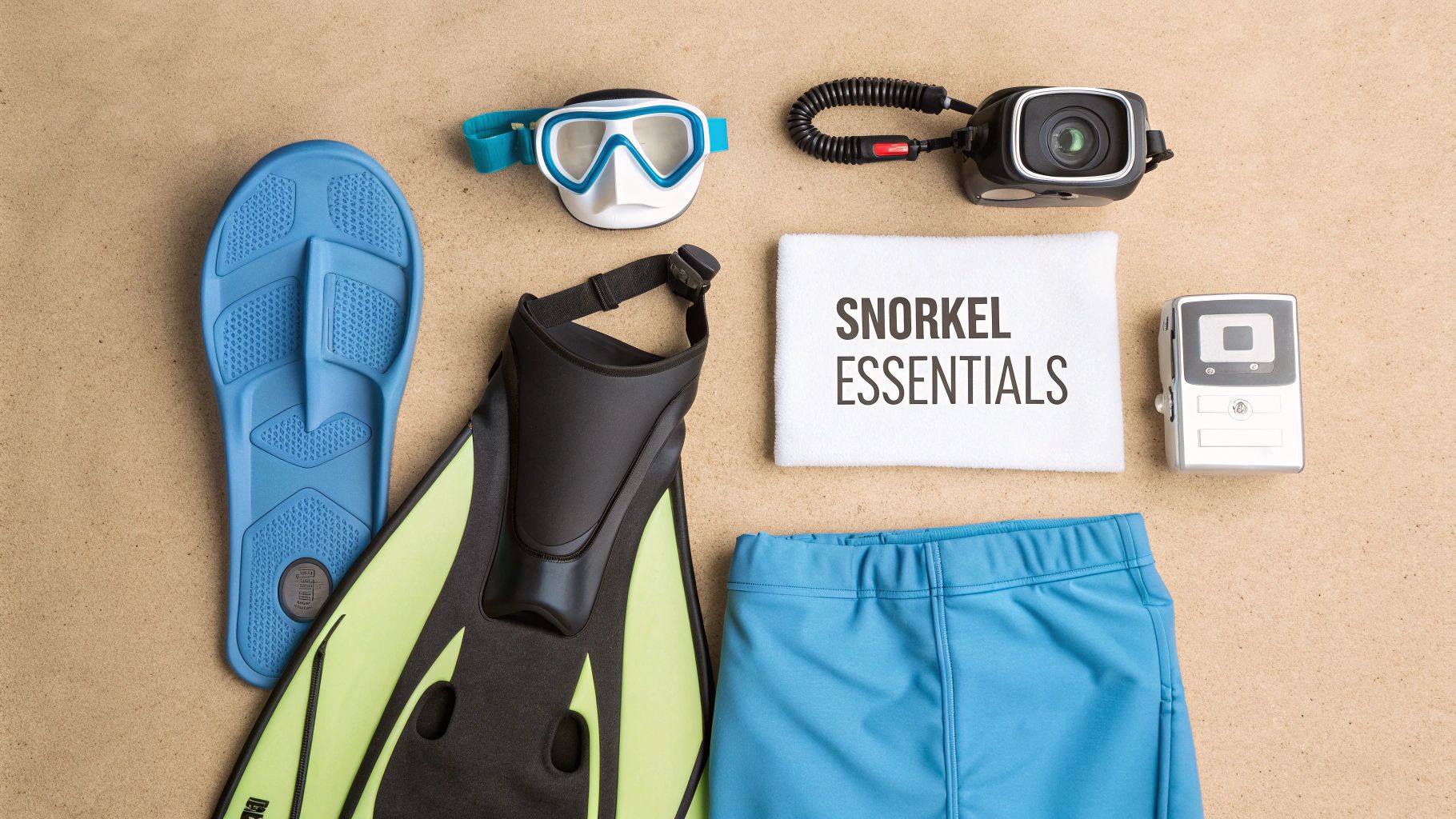 Snorkel gear laid out on a wooden dock next to the water
