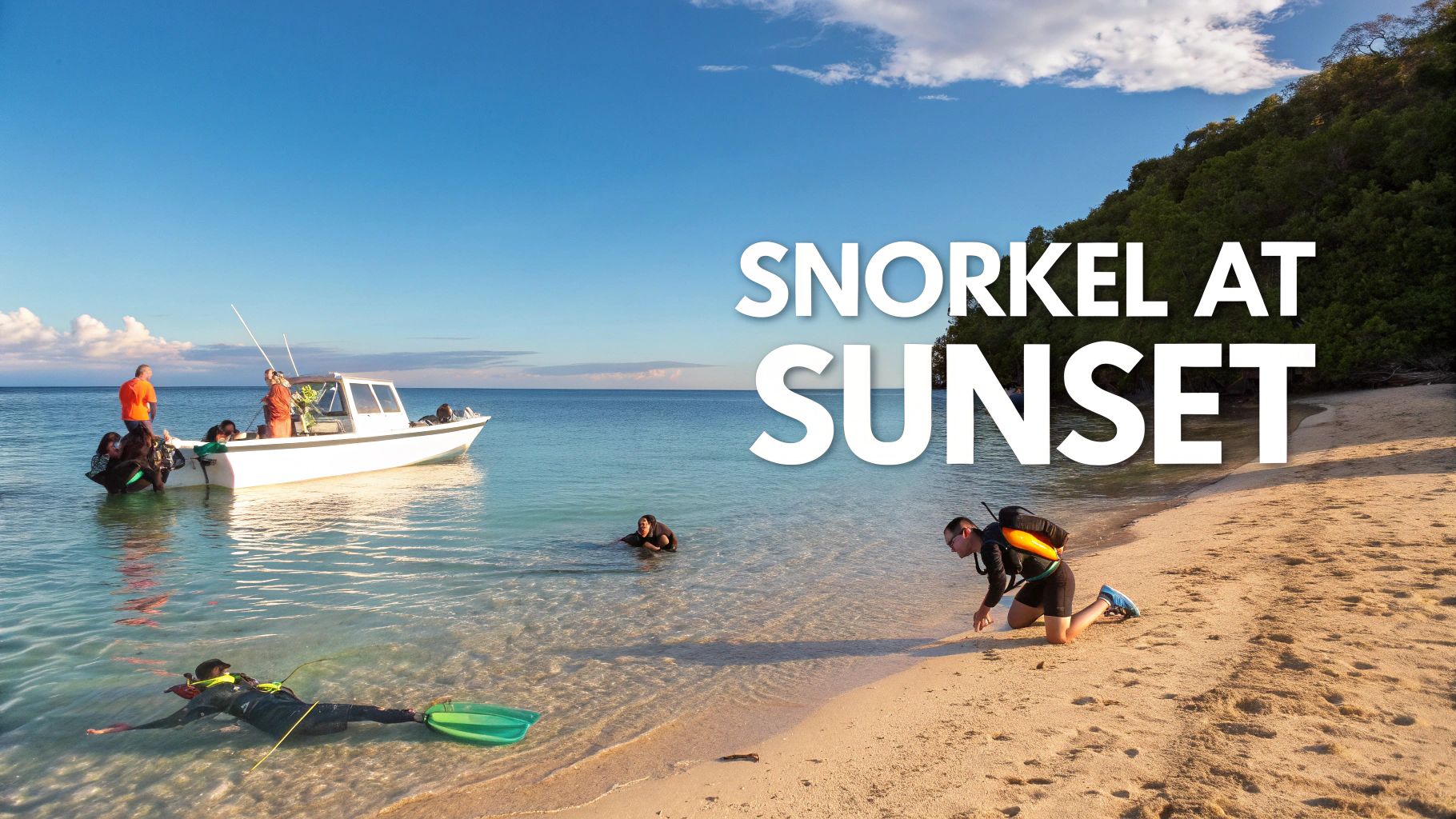 People snorkeling and preparing for a snorkel trip from a boat on a sunny beach at sunset.