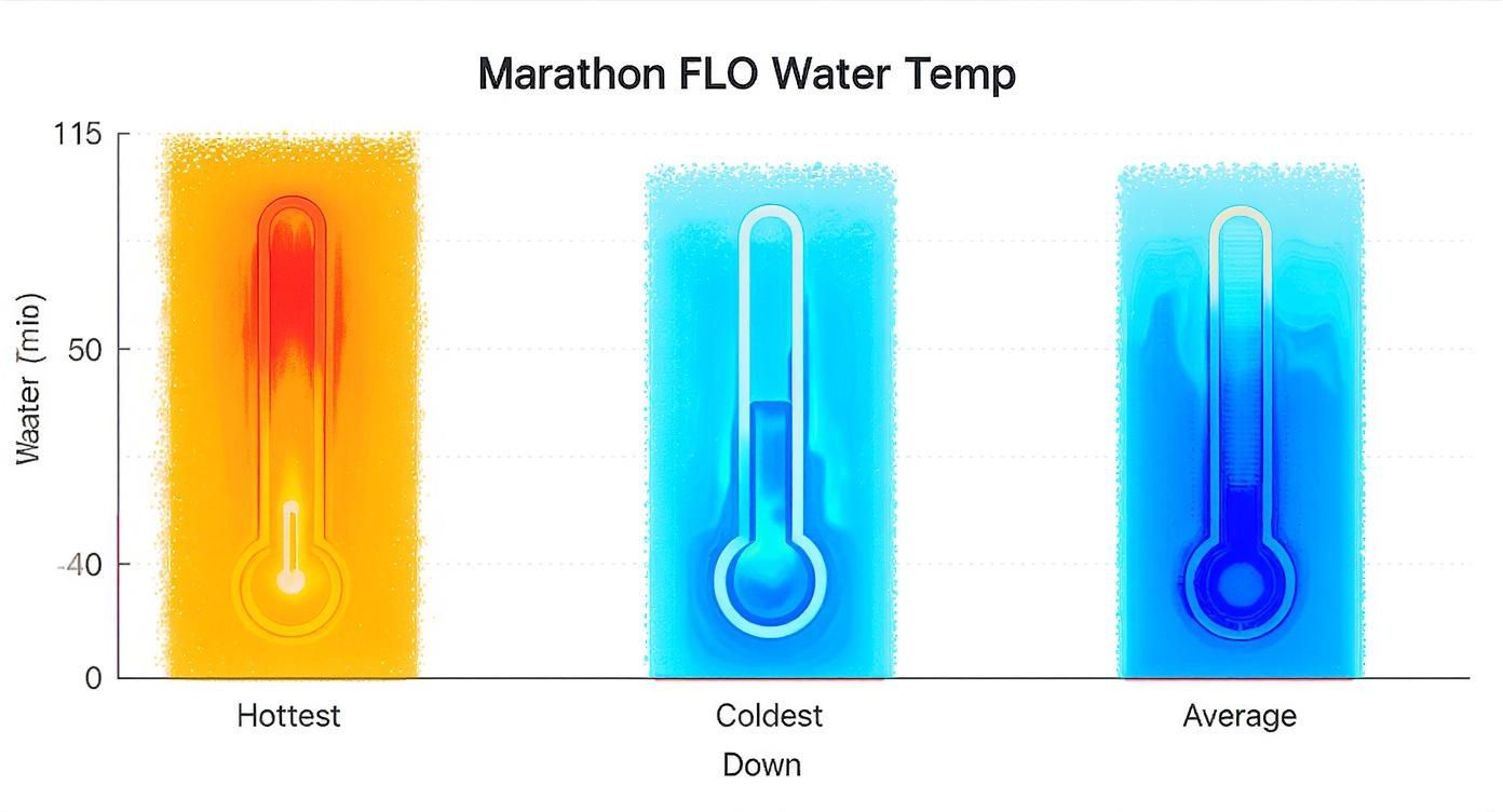 Infographic showing the hottest, coldest, and average water temperatures in Marathon, FL with thermometer gauges.