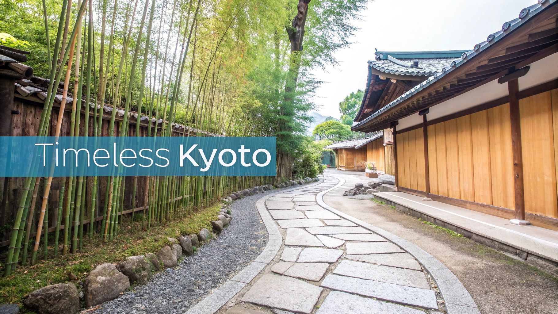 Traditional Japanese architecture with bamboo grove and stone pathway in historic Kyoto district