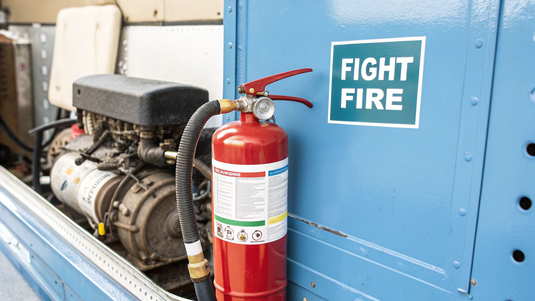 An array of marine-grade fire extinguishers mounted on a wall.