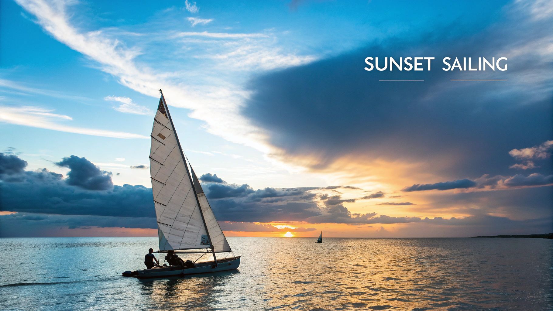 Two people on a sailboat enjoying a beautiful sunset sail on the calm ocean.