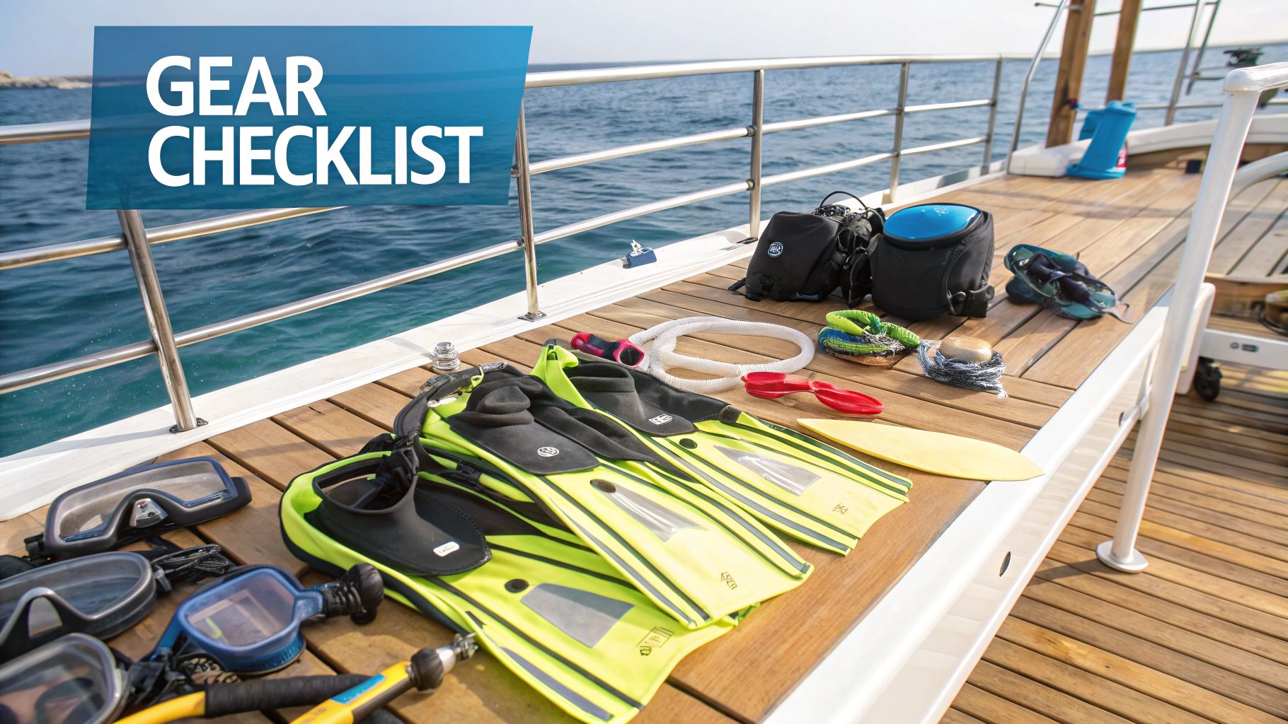 A collection of snorkeling gear laid out on a wooden dock.